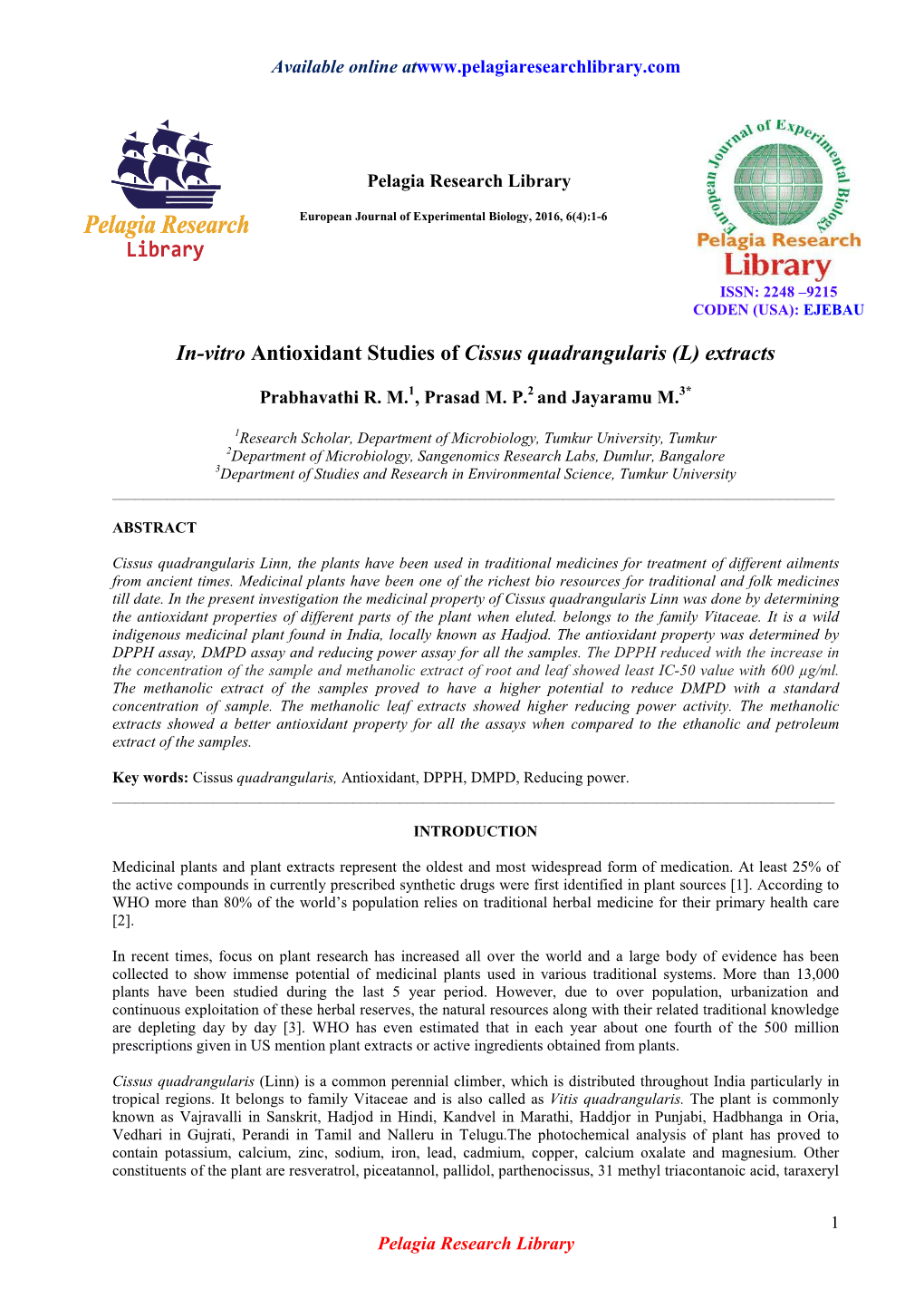 In-Vitro Antioxidant Studies of Cissus Quadrangularis (L) Extracts