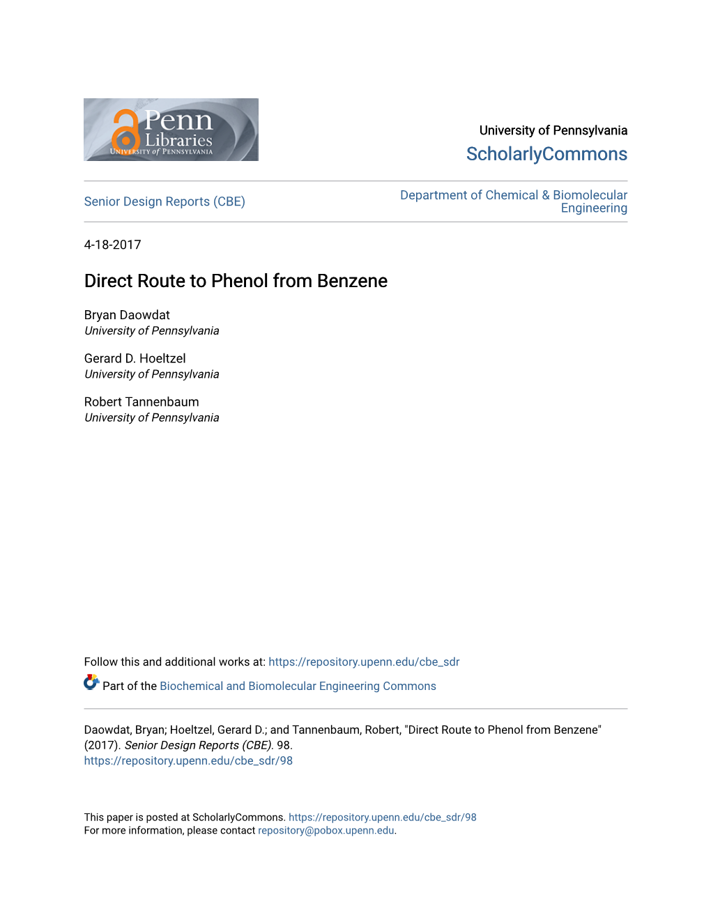 Direct Route to Phenol from Benzene