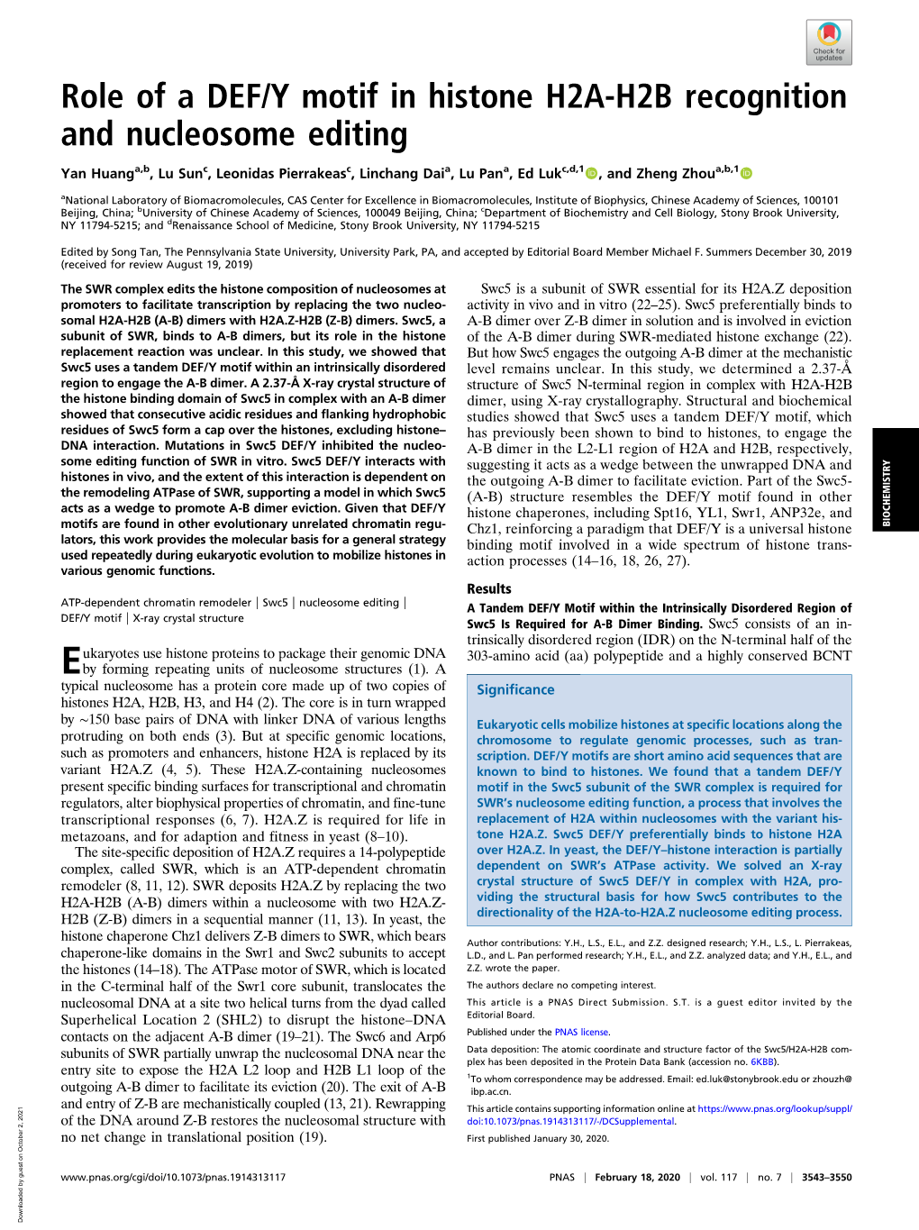 Role of a DEF/Y Motif in Histone H2A-H2B Recognition and Nucleosome Editing