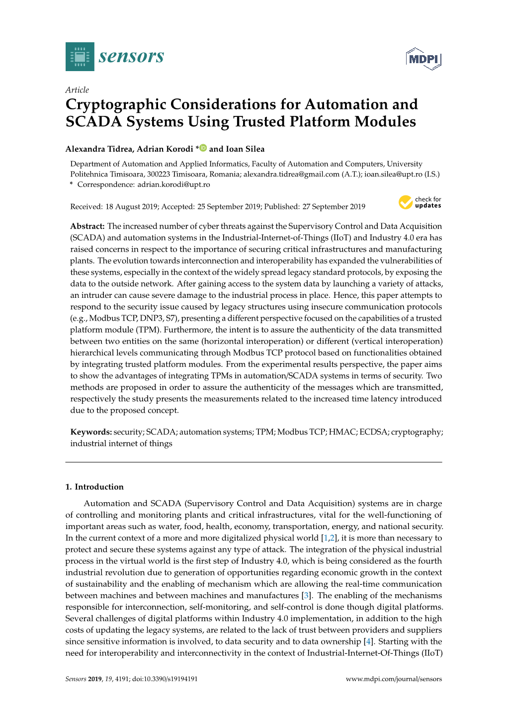 Cryptographic Considerations for Automation and SCADA Systems Using Trusted Platform Modules