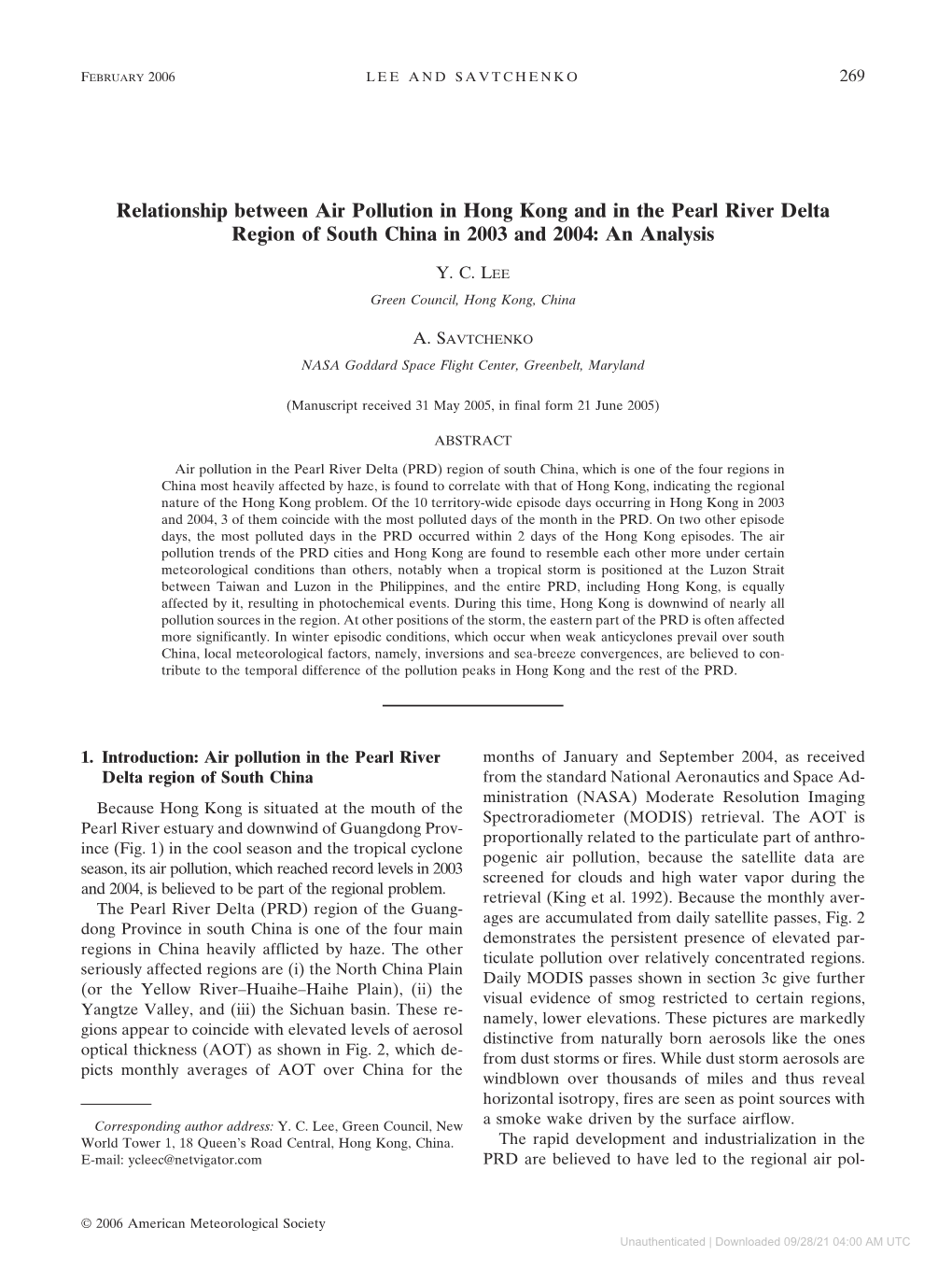 Relationship Between Air Pollution in Hong Kong and in the Pearl River Delta Region of South China in 2003 and 2004: an Analysis