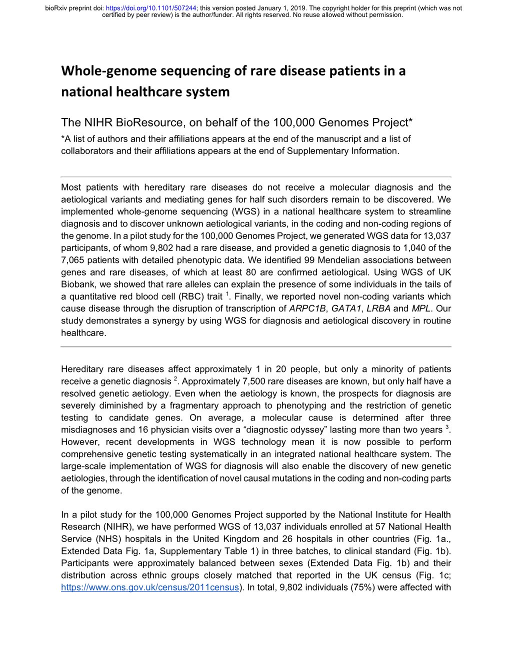 Whole-Genome Sequencing of Rare Disease Patients in a National Healthcare System