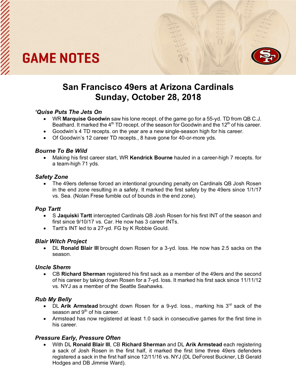 San Francisco 49Ers at Arizona Cardinals Sunday, October 28, 2018