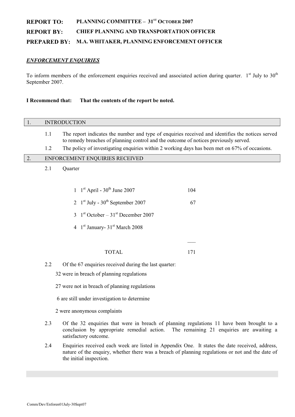 Enforcement Enquiries Report to Dev.Ser