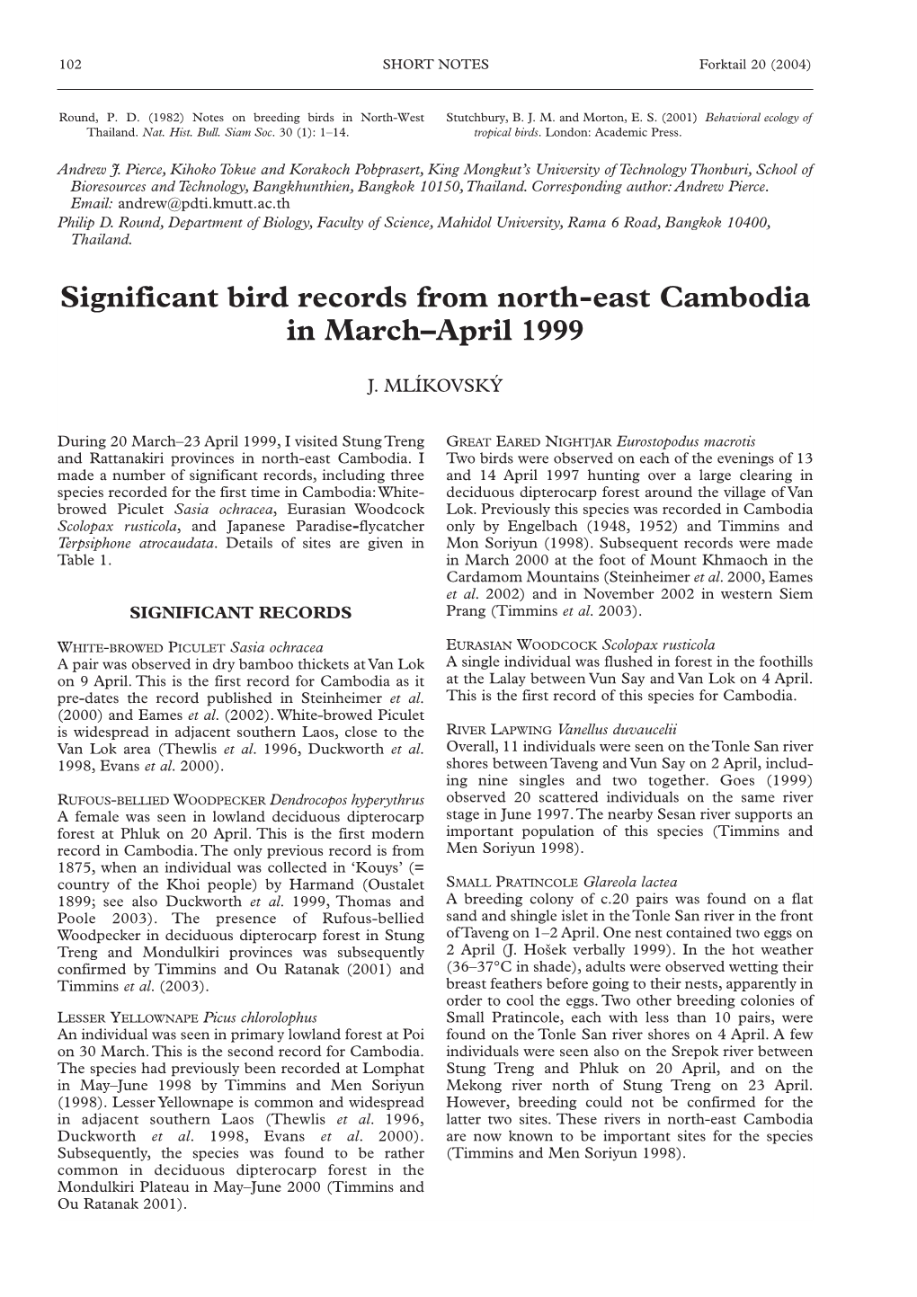 Significant Bird Records from North-East Cambodia in March–April 1999