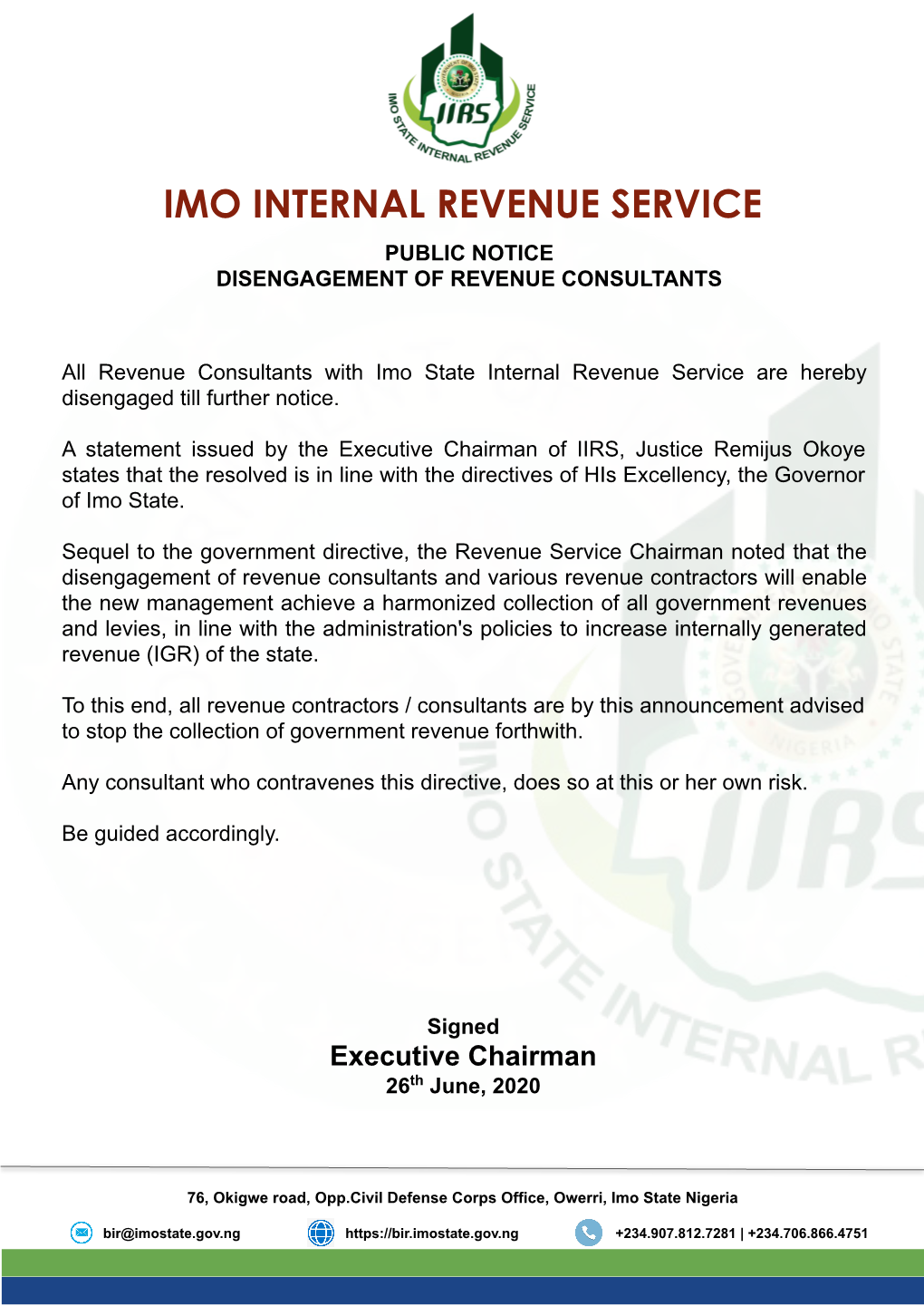 Imo Internal Revenue Service Public Notice Disengagement of Revenue Consultants