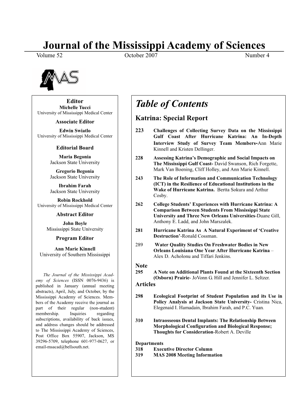 Journal of the Mississippi Academy of Sciences Volume 52 October 2007 Number 4