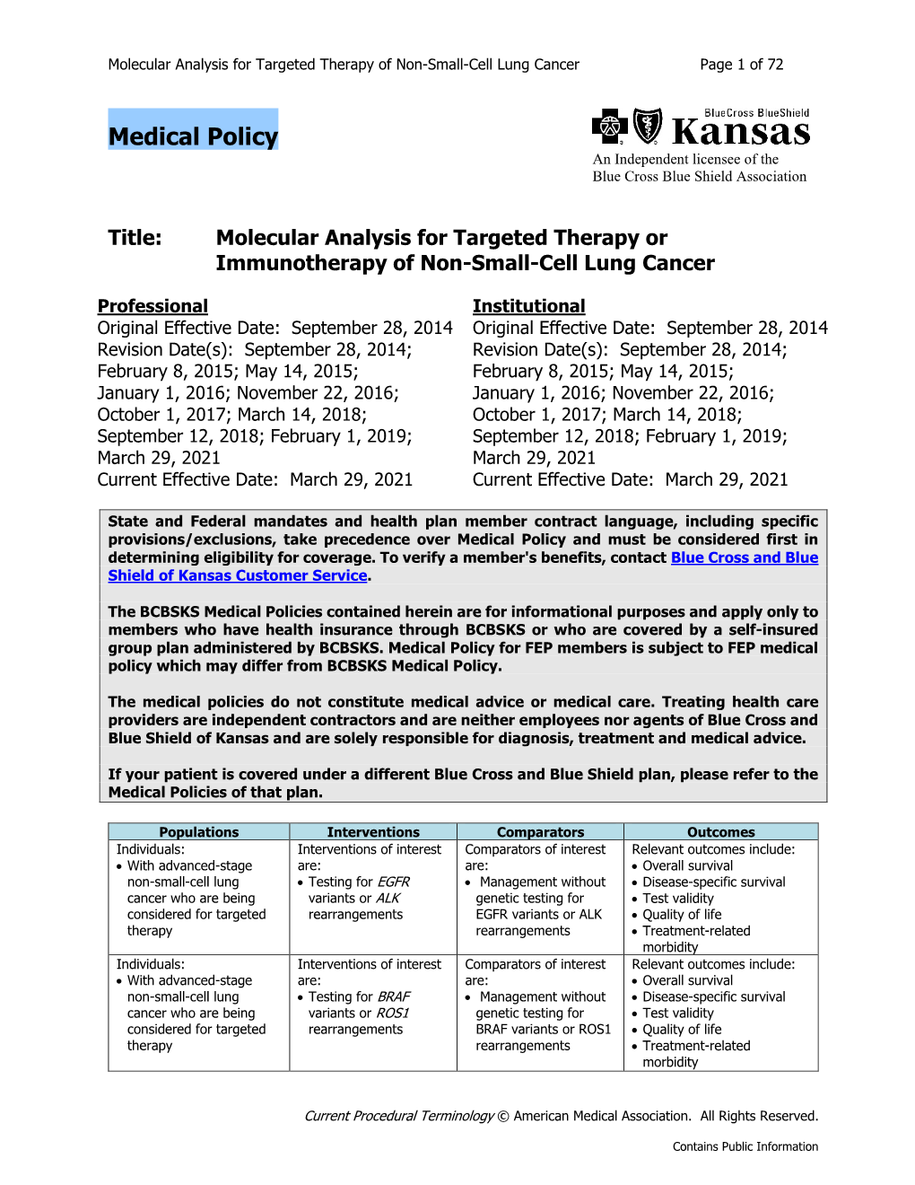 Molecular Analysis for Targeted Therapy Or Immunotherapy of Non-Small-Cell Lung Cancer