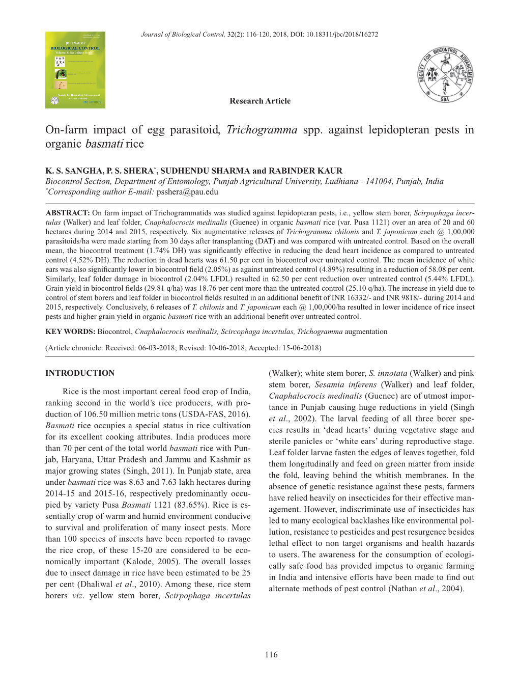 On-Farm Impact of Egg Parasitoid, Trichogramma Spp. Against Lepidopteran Pests in Organic Basmati Rice