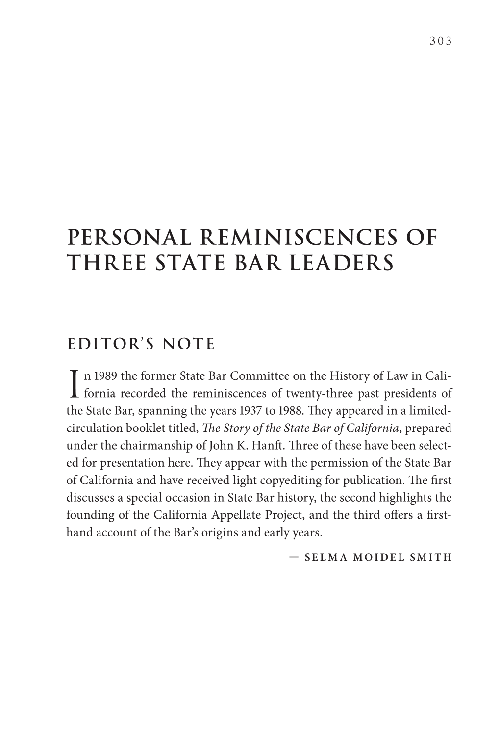 Personal Reminiscences of Three State Bar Leaders