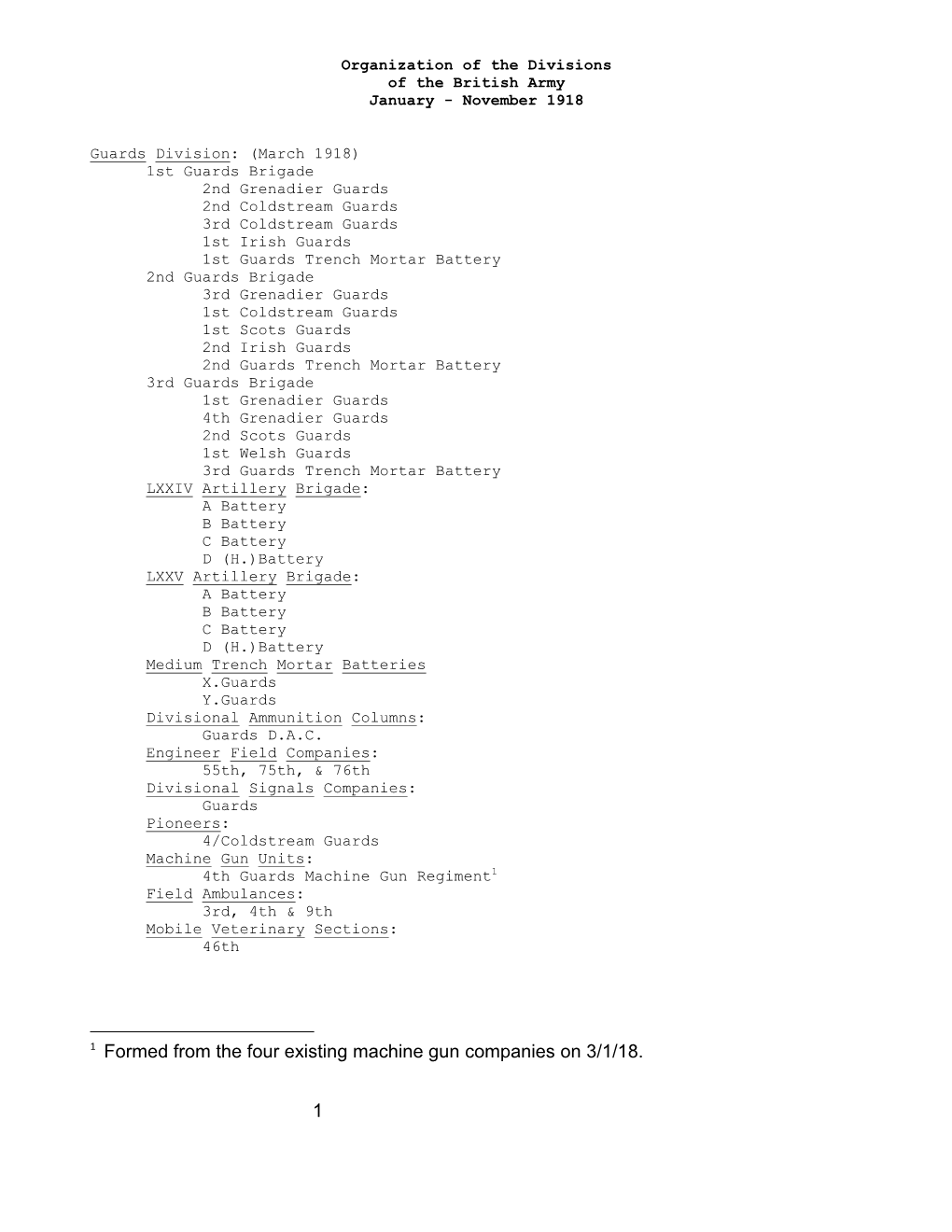 Organization of the Divisions of the British Armyjanuary-November 1918