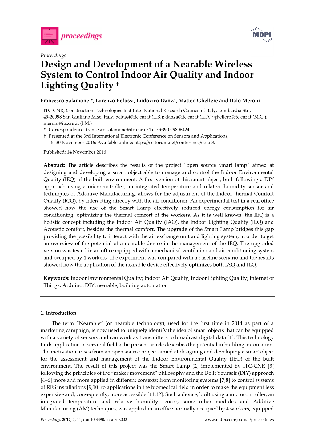 Design and Development of a Nearable Wireless System to Control Indoor Air Quality and Indoor Lighting Quality †