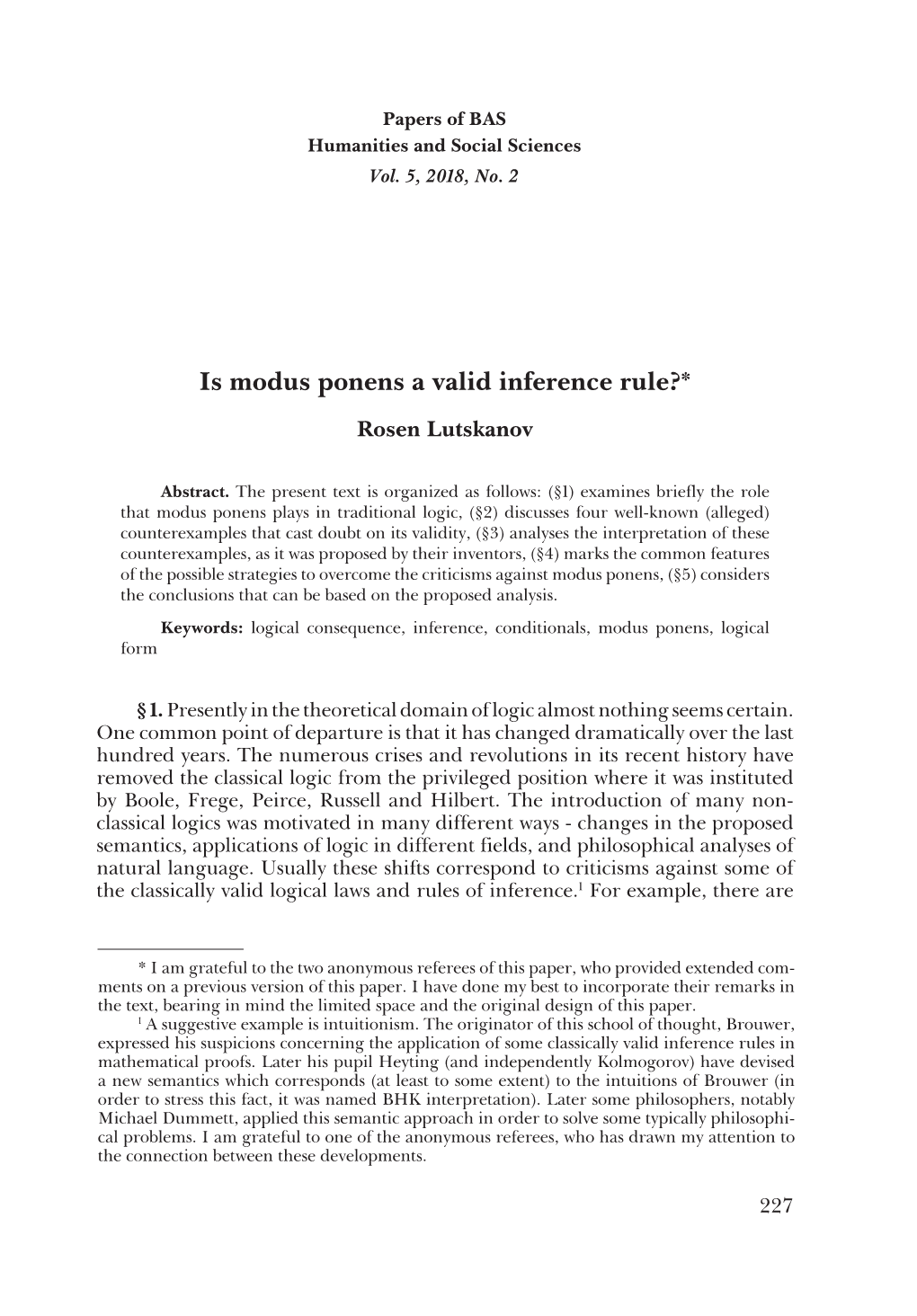 Is Modus Ponens a Valid Inference Rule?*