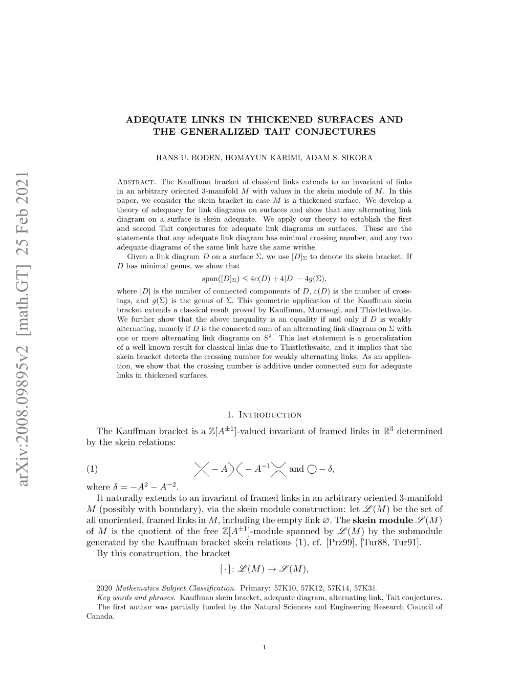 Arxiv:2008.09895V2 [Math.GT] 25 Feb 2021 Where Δ = A2 A−2