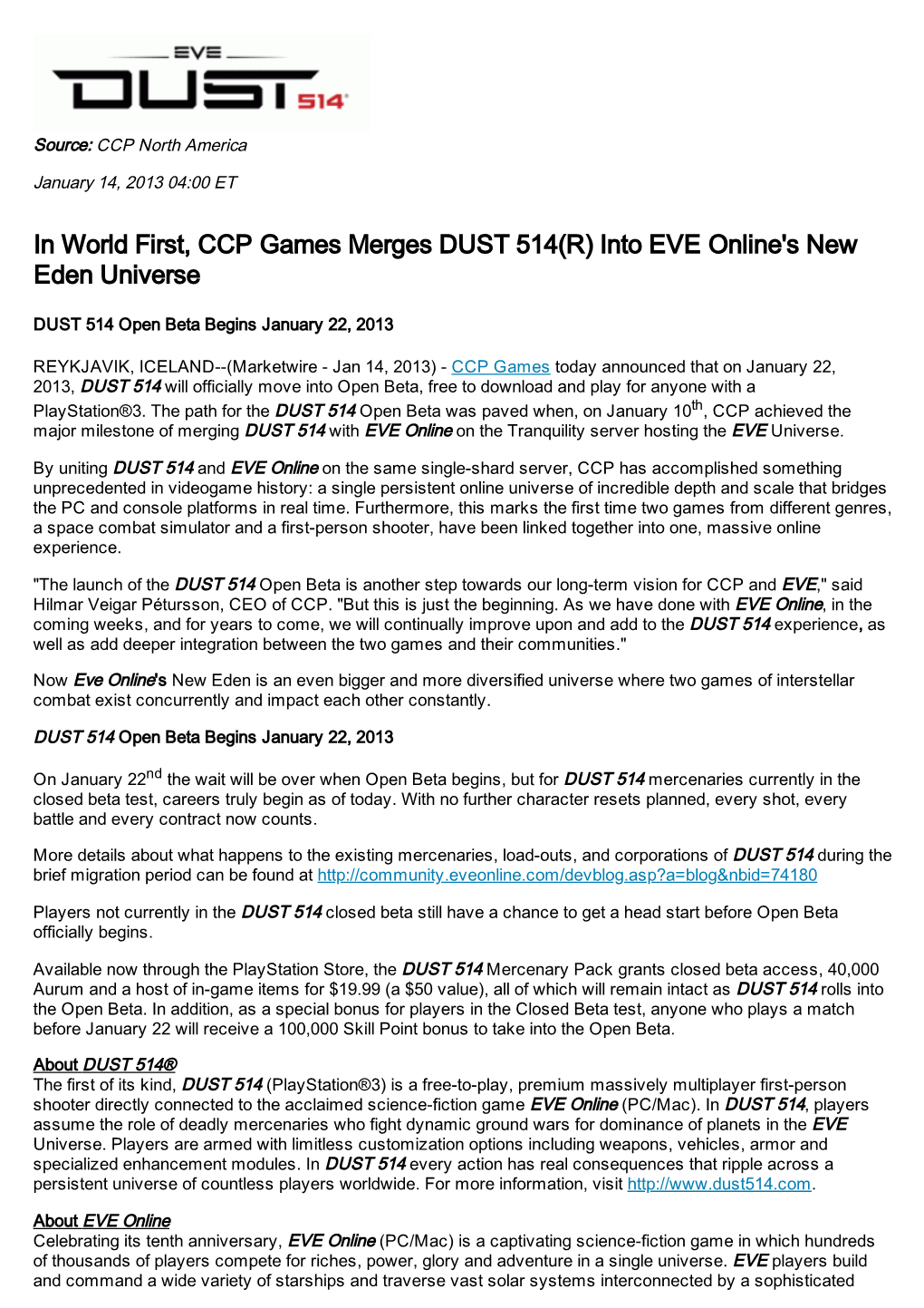 In World First, CCP Games Merges DUST 514(R) Into EVE Online's New Eden Universe