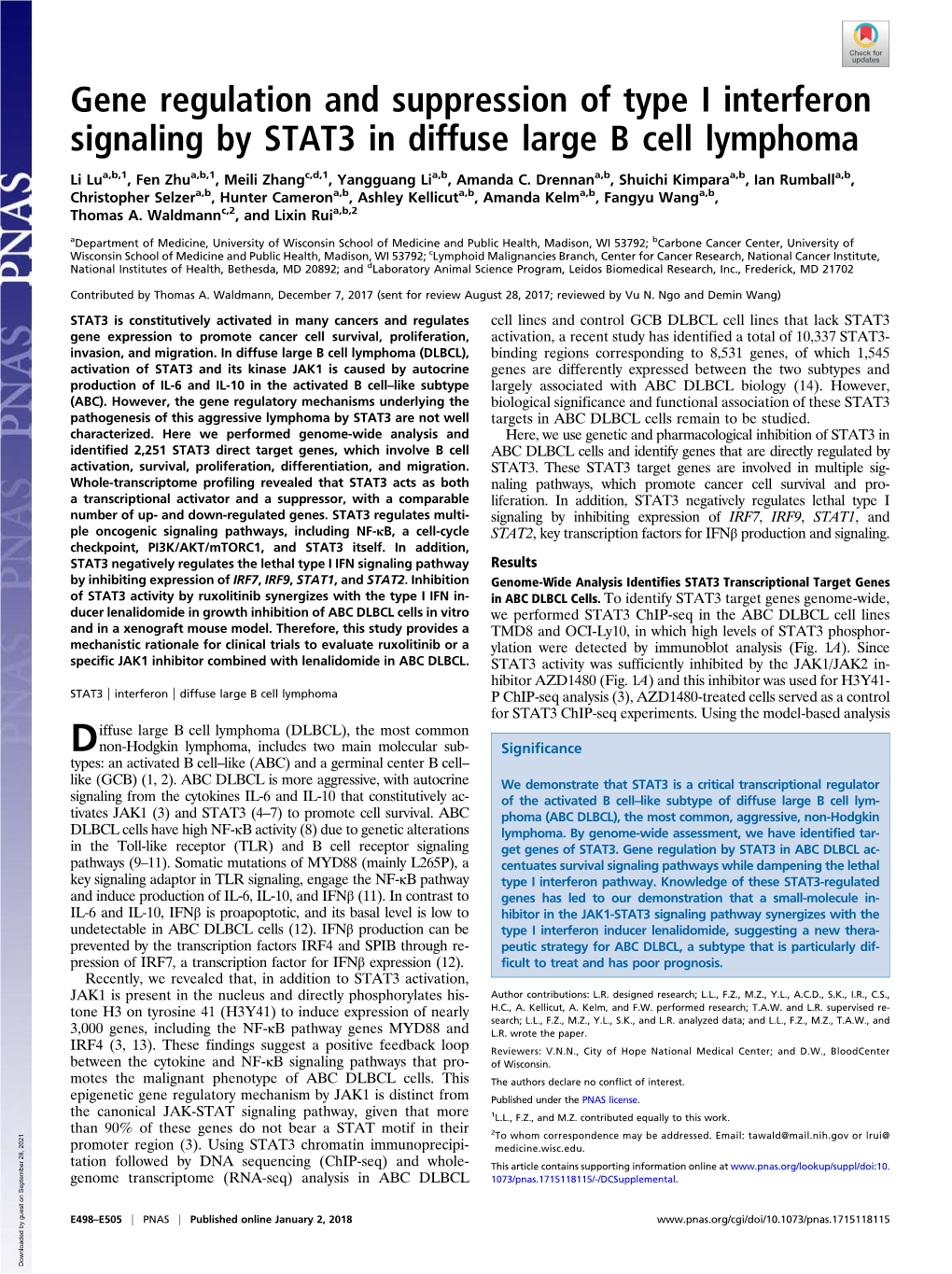 Gene Regulation and Suppression of Type I Interferon Signaling by STAT3 in Diffuse Large B Cell Lymphoma