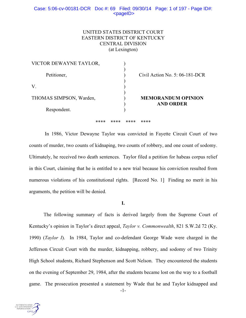 5:06-Cv-00181-DCR Doc #: 69 Filed: 09/30/14 Page: 1 Of