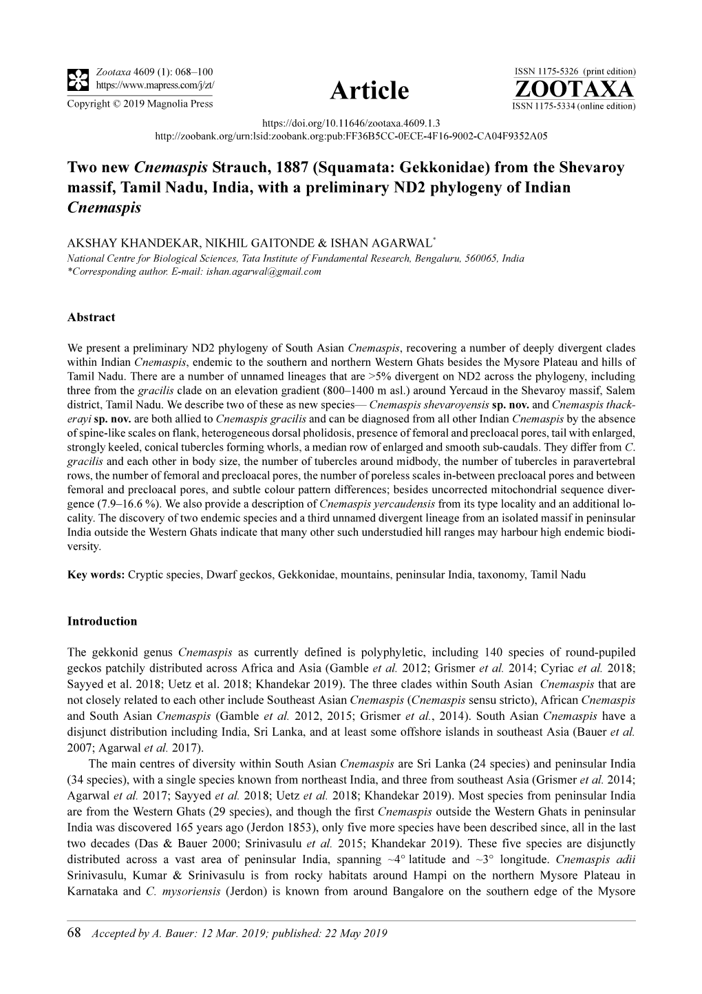 Two New Cnemaspis Strauch, 1887 (Squamata: Gekkonidae) from the Shevaroy Massif, Tamil Nadu, India, with a Preliminary ND2 Phylogeny of Indian Cnemaspis