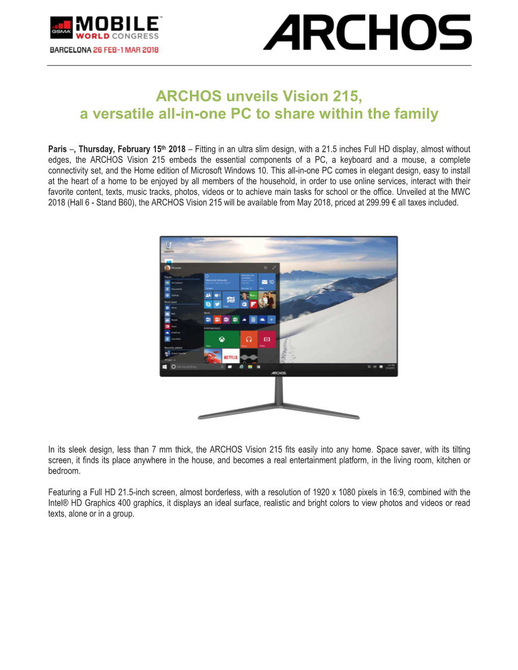 ARCHOS Unveils Vision 215, a Versatile All-In-One PC to Share Within the Family