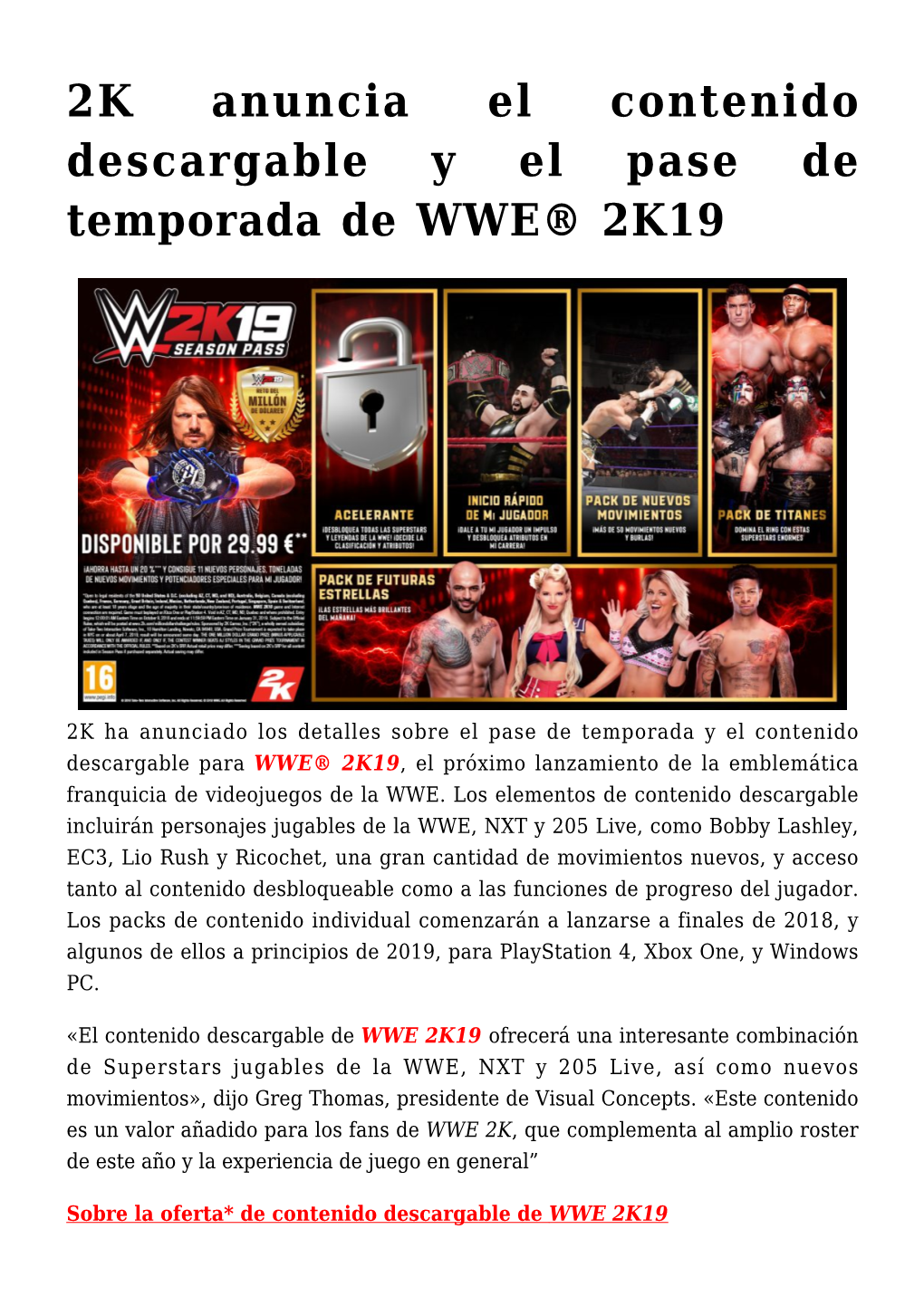 2K Anuncia El Contenido Descargable Y El Pase De Temporada De WWE® 2K19
