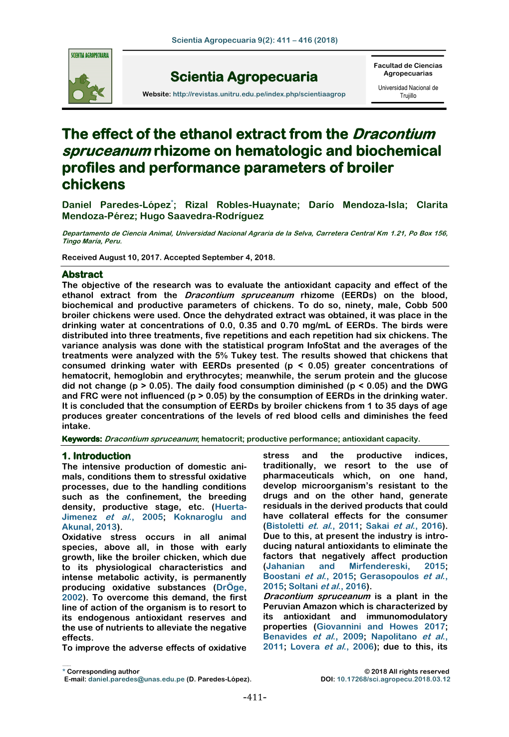 The Effect of the Ethanol Extract from the Dracontium Spruceanum Rhizome on Hematologic and Biochemical Profiles and Performance Parameters of Broiler Chickens