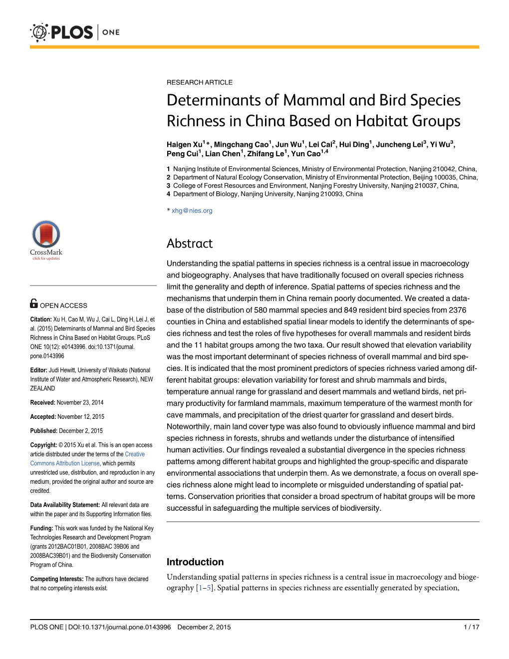 Determinants of Mammal and Bird Species Richness in China Based on Habitat Groups