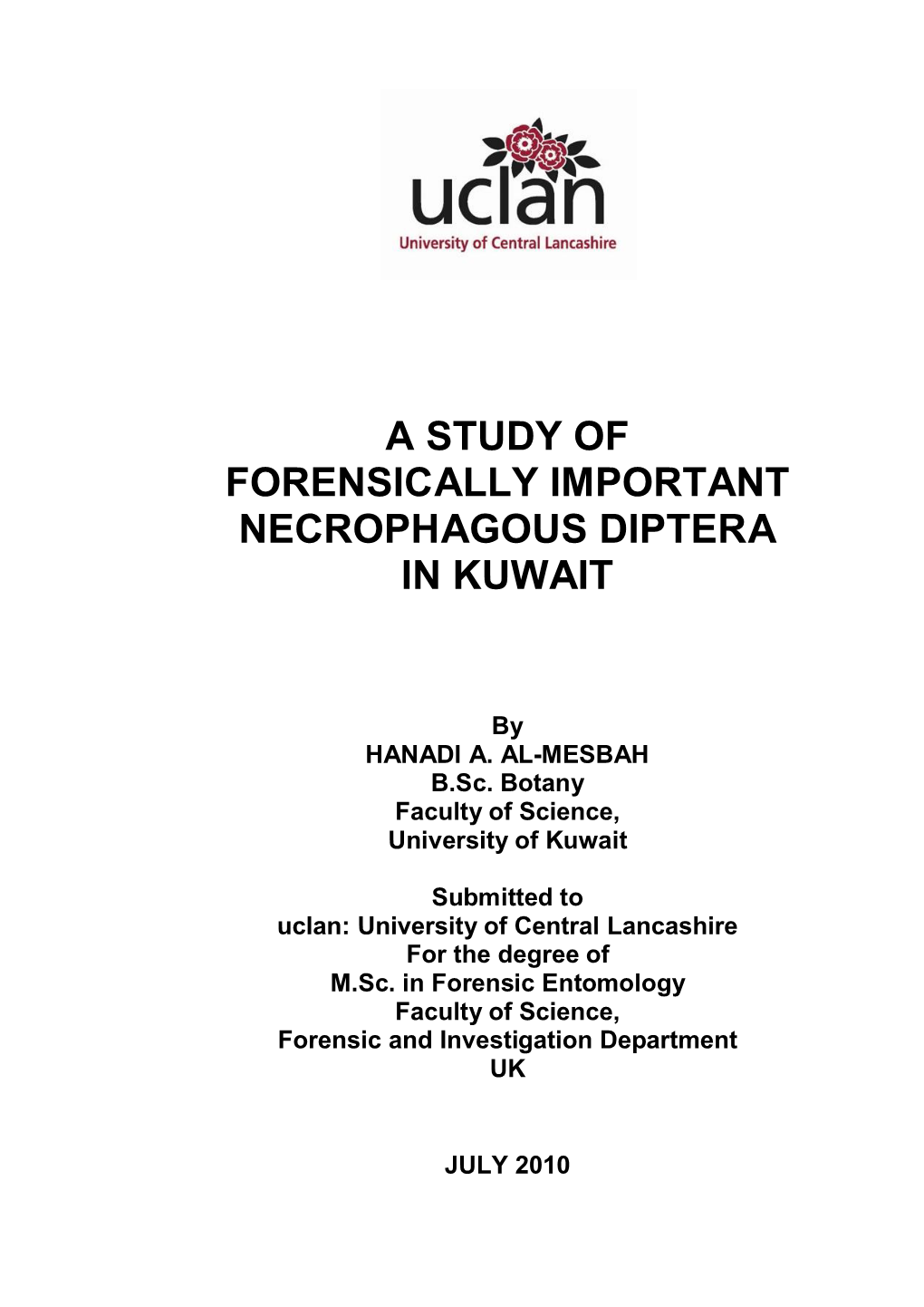 A Study of Forensically Important Necrophagous Diptera in Kuwait