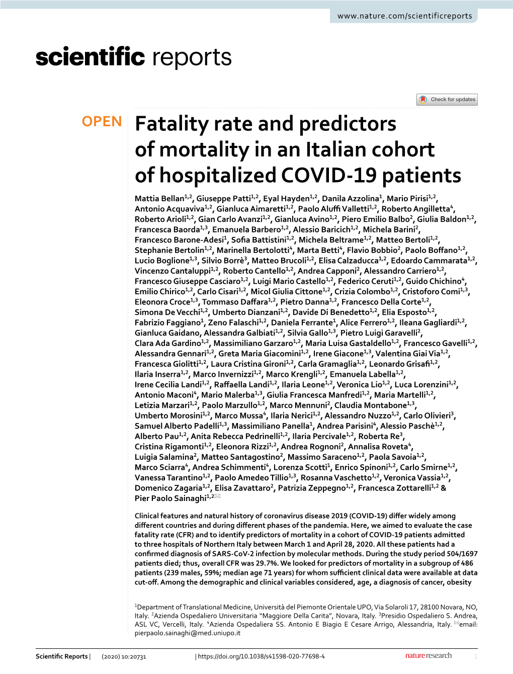 Fatality Rate and Predictors of Mortality in an Italian Cohort of Hospitalized