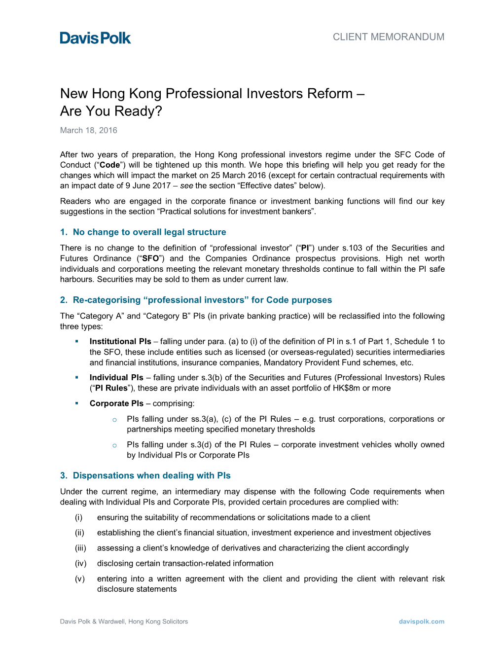 New Hong Kong Professional Investors Reform – Are You Ready? March 18, 2016