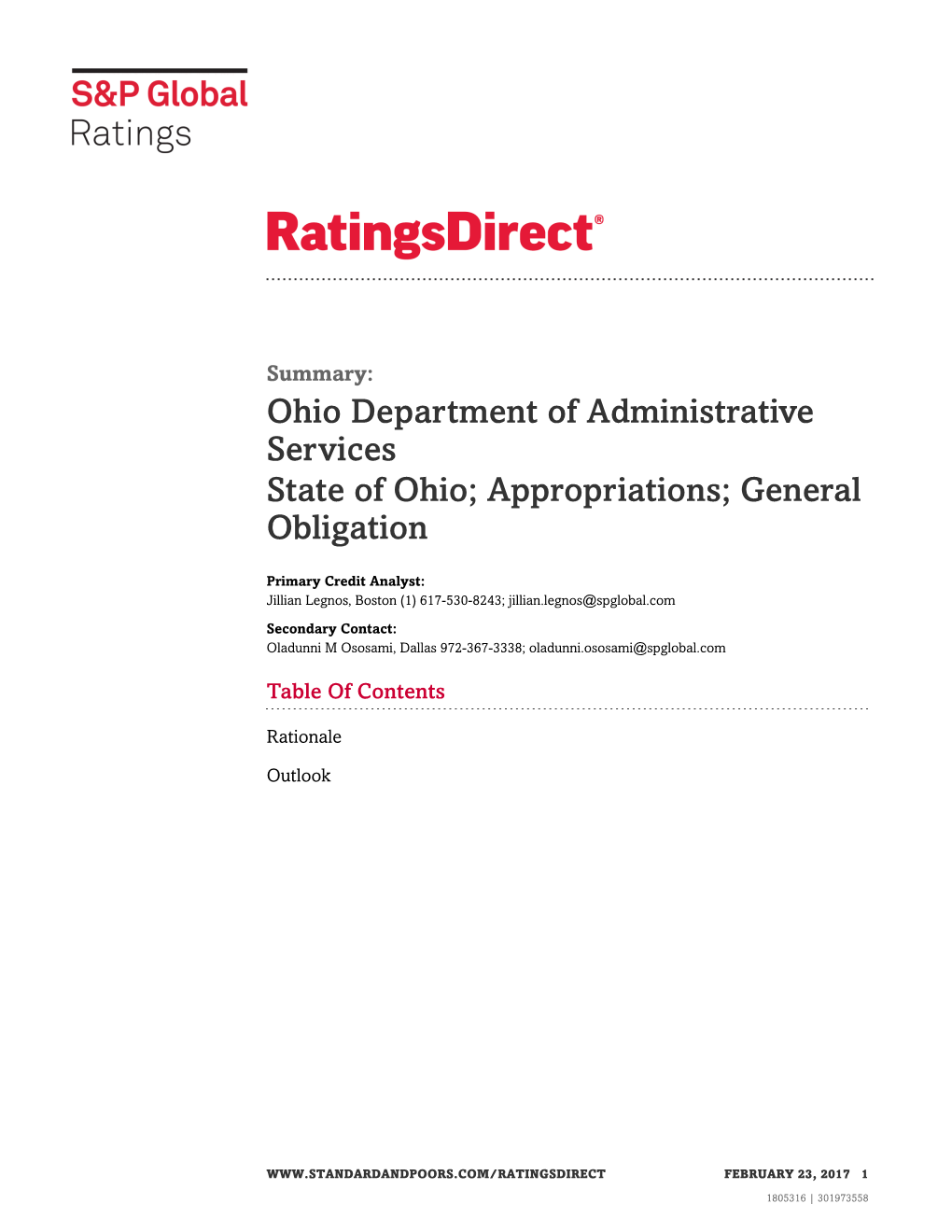 Ohio Department of Administrative Services State of Ohio; Appropriations; General Obligation