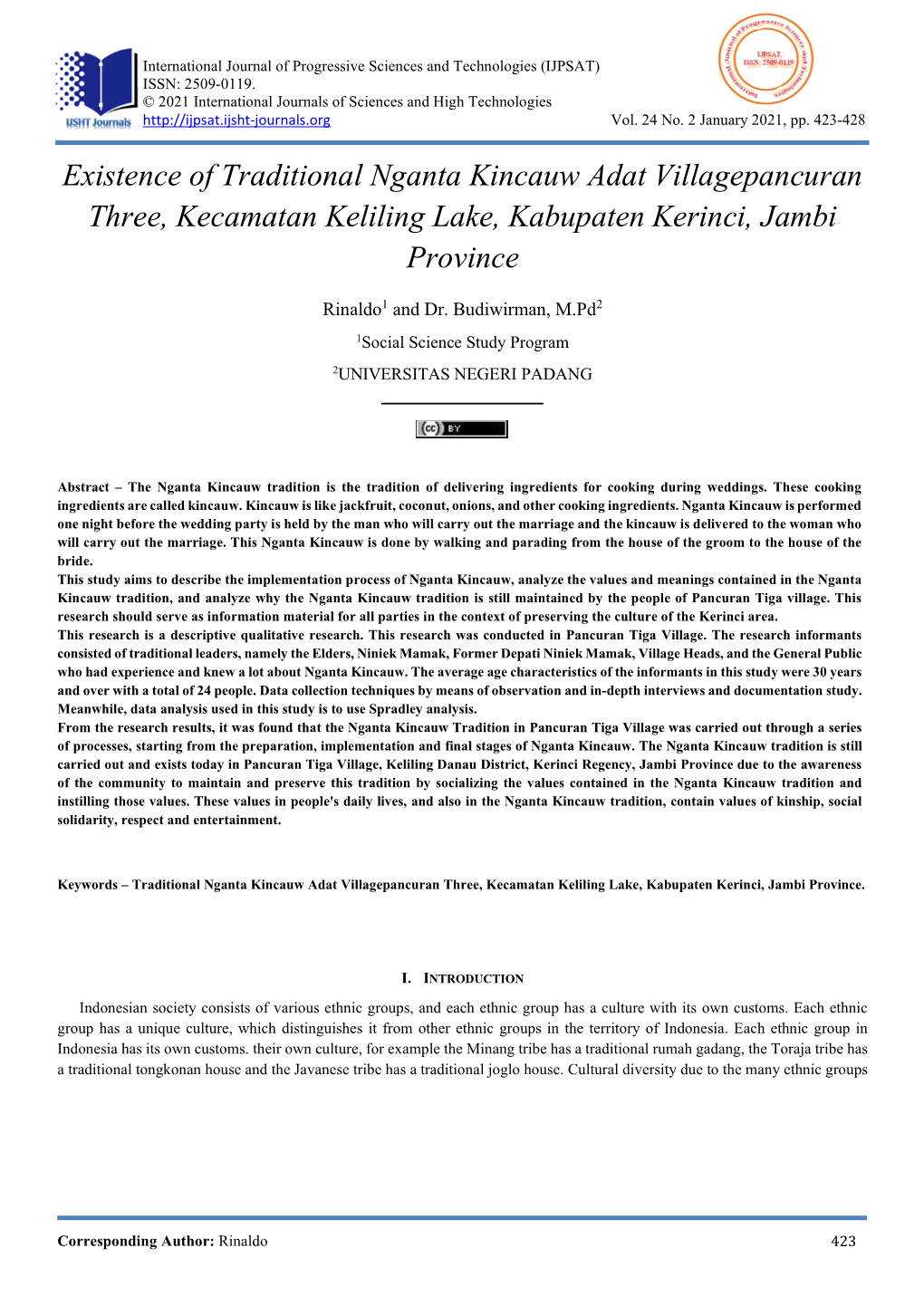 Existence of Traditional Nganta Kincauw Adat Villagepancuran Three, Kecamatan Keliling Lake, Kabupaten Kerinci, Jambi Province