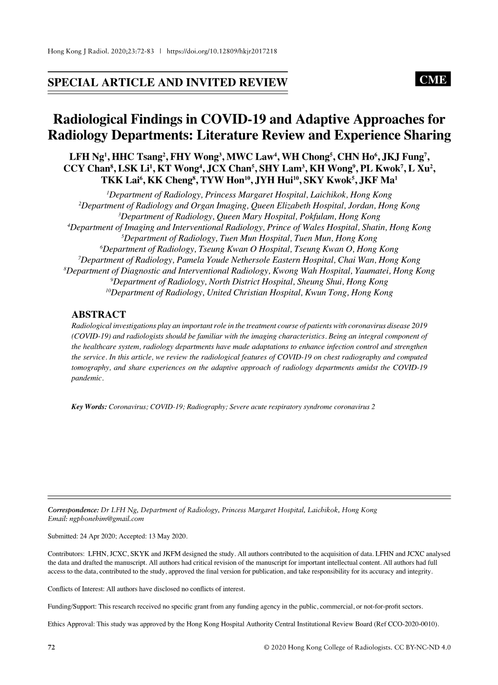 Radiological Findings in COVID-19 and Adaptive Approaches for Radiology Departments: Literature Review and Experience Sharing