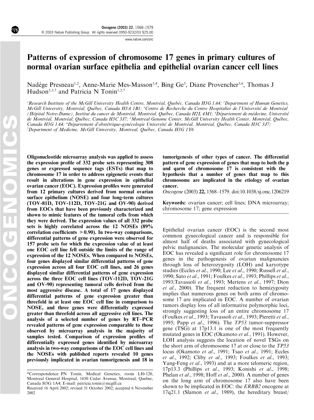 Patterns of Expression of Chromosome 17 Genes in Primary Cultures of Normal Ovarian Surface Epithelia and Epithelial Ovarian Cancer Cell Lines