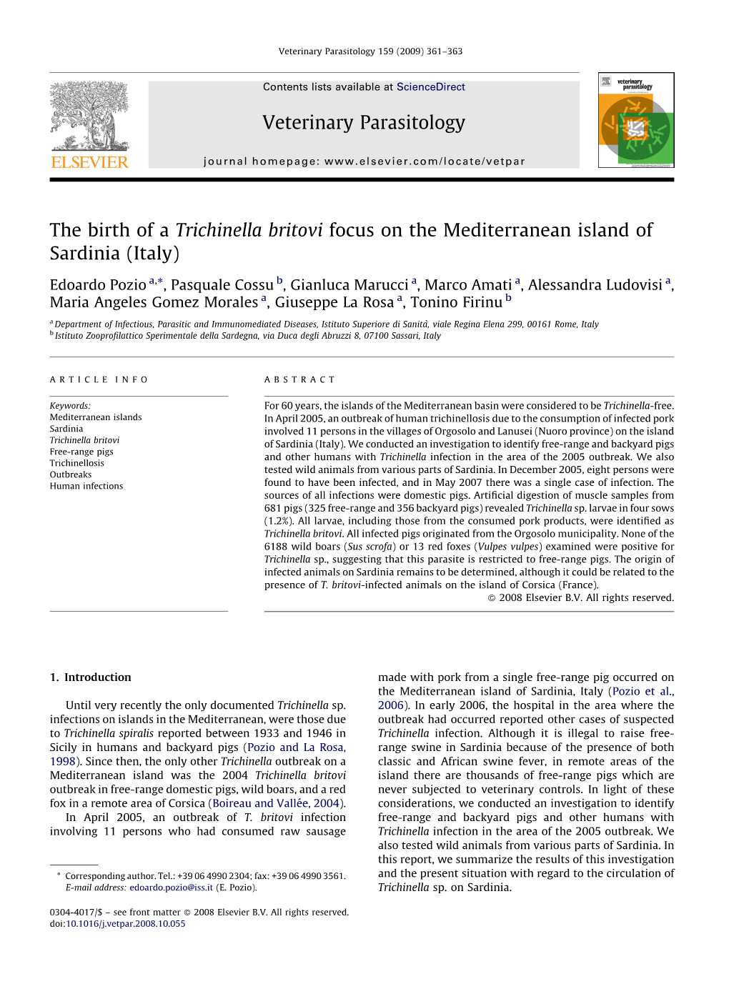 The Birth of a Trichinella Britovi Focus on the Mediterranean Island of Sardinia (Italy)