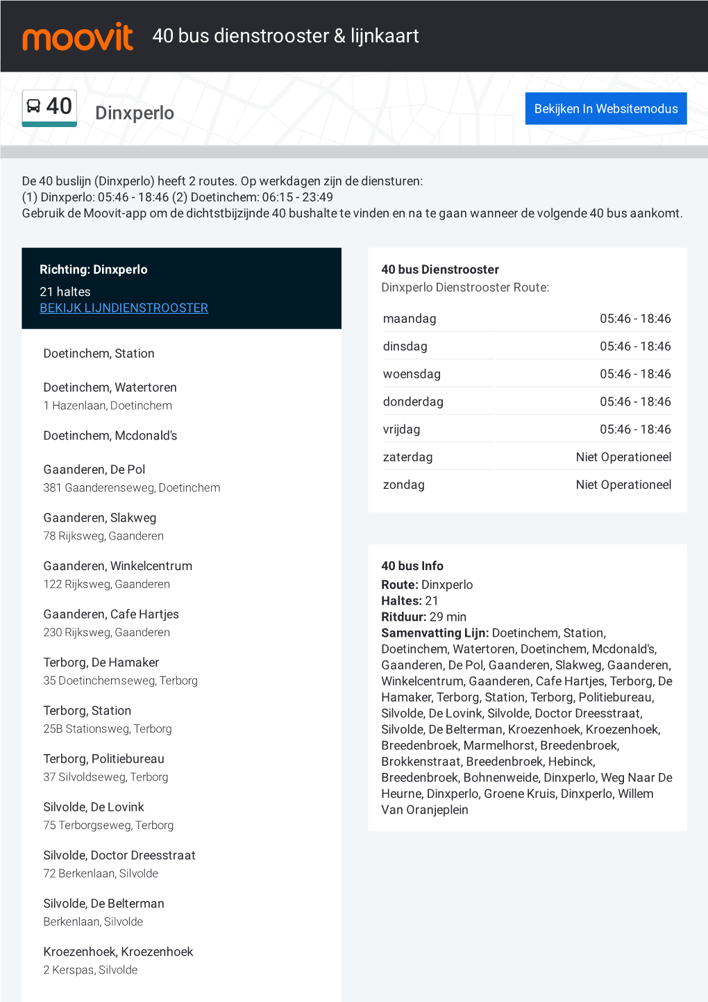 40 Bus Dienstrooster & Lijnroutekaart