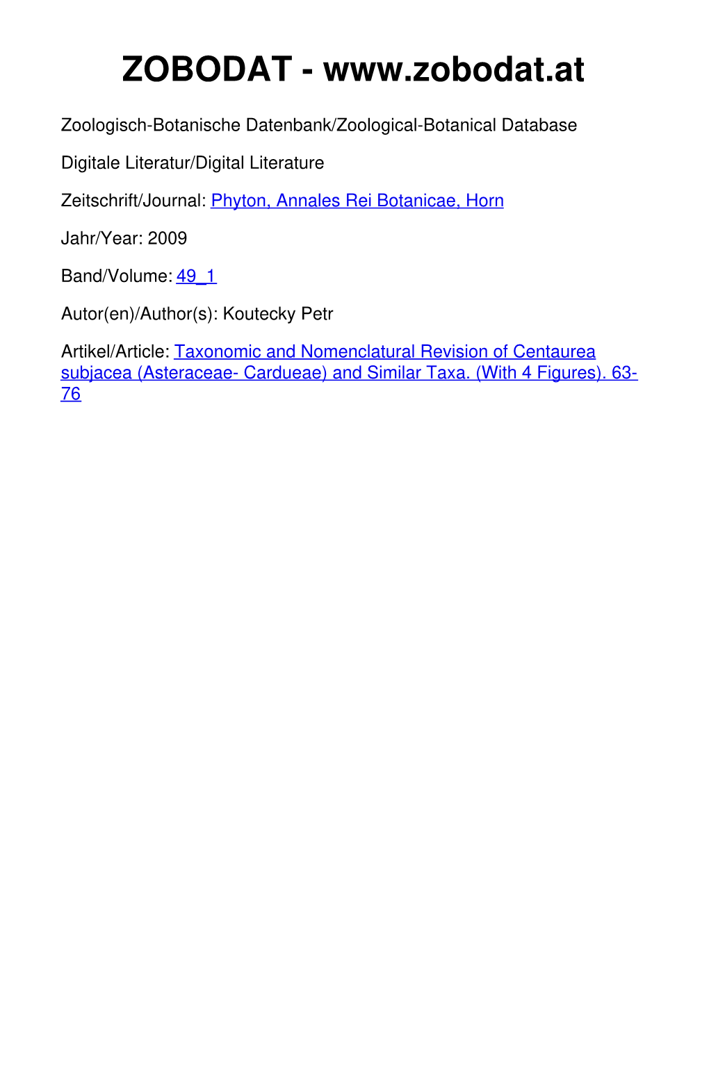 Taxonomic and Nomenclatural Revision of Centaurea Subjacea (Asteraceae- Cardueae) and Similar Taxa