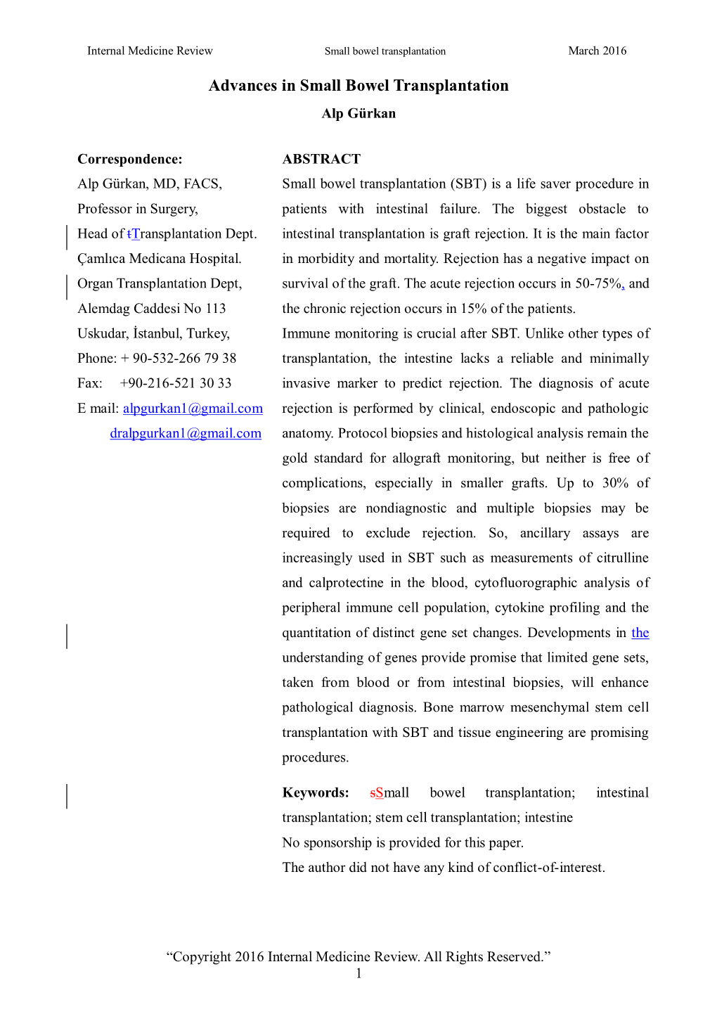 Advances in Small Bowel Transplantation Alp Gürkan