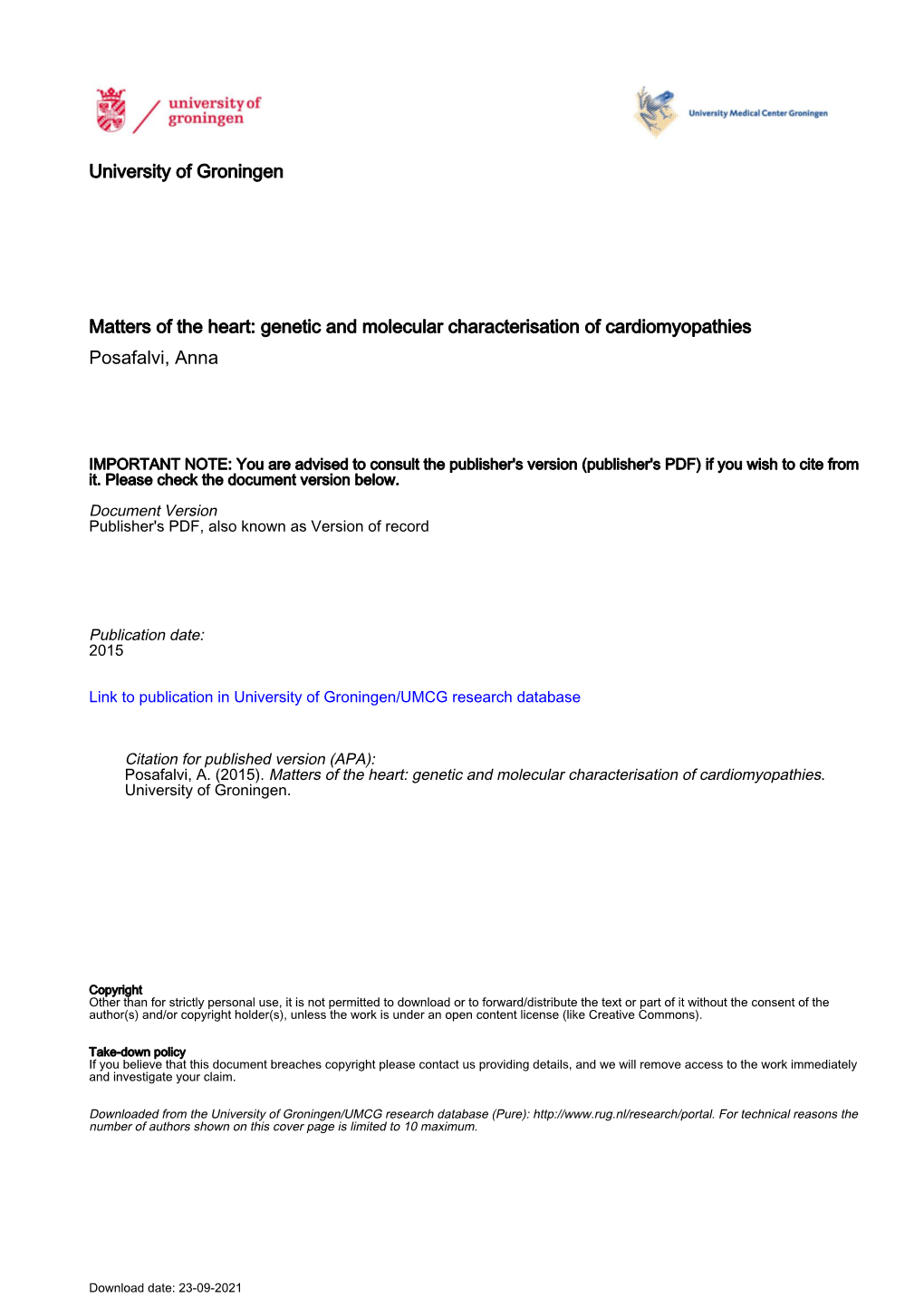 Genetic and Molecular Characterisation of Cardiomyopathies Posafalvi, Anna