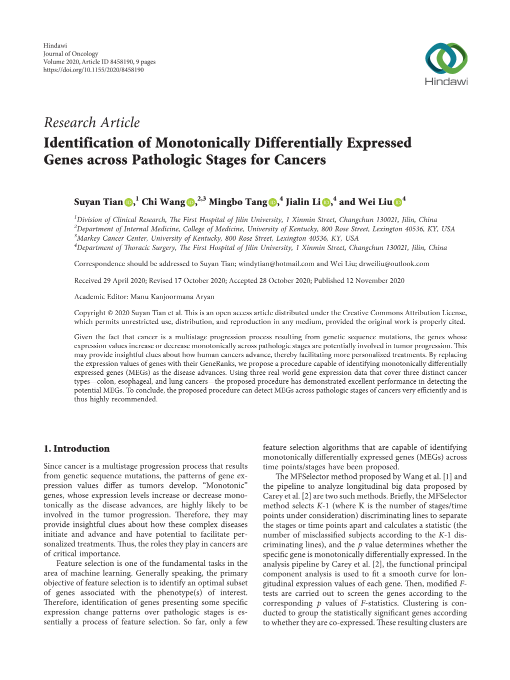 Research Article Identification of Monotonically Differentially Expressed Genes Across Pathologic Stages for Cancers