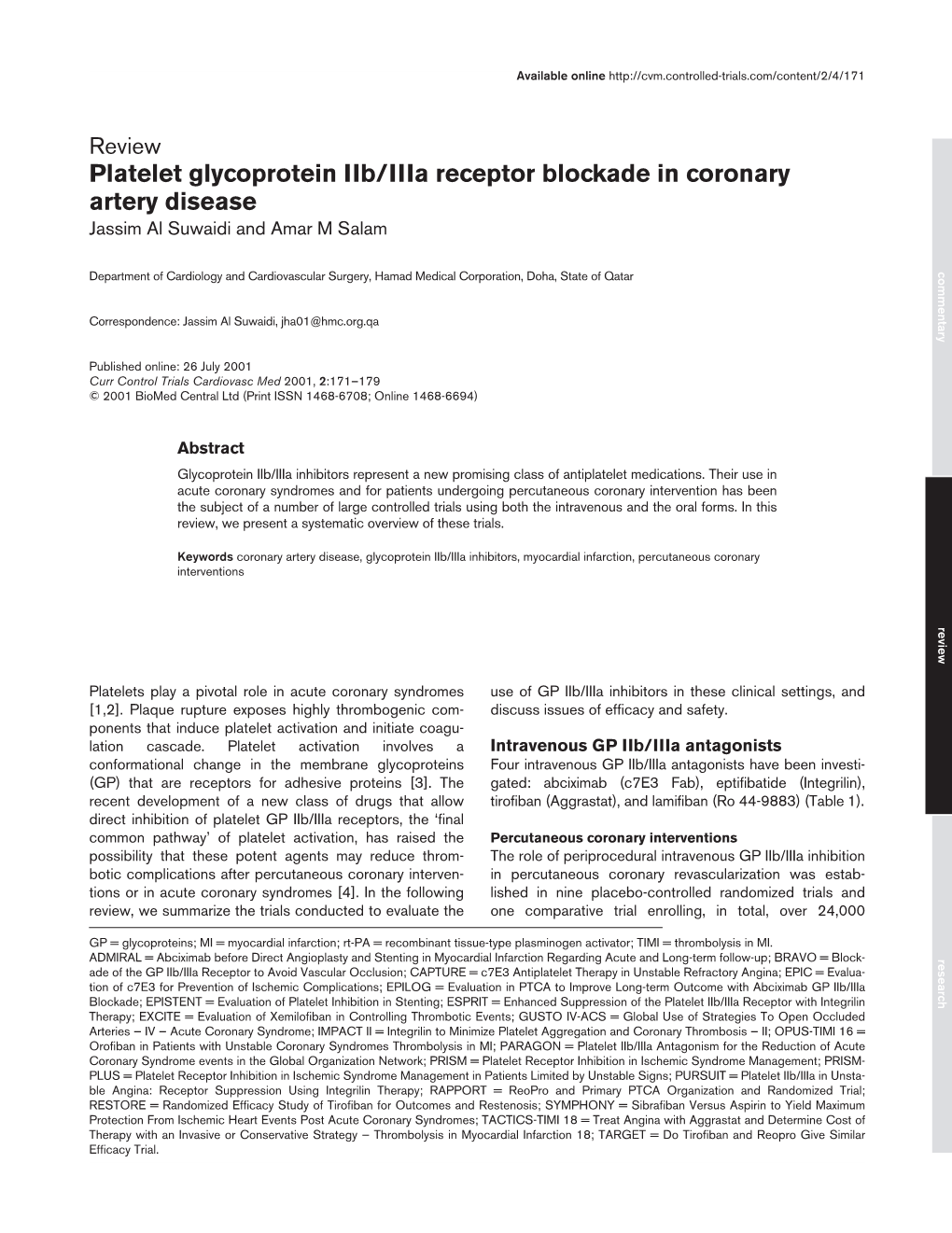 Platelet Glycoprotein Iib/Iiia Receptor Blockade in Coronary Artery Disease Jassim Al Suwaidi and Amar M Salam