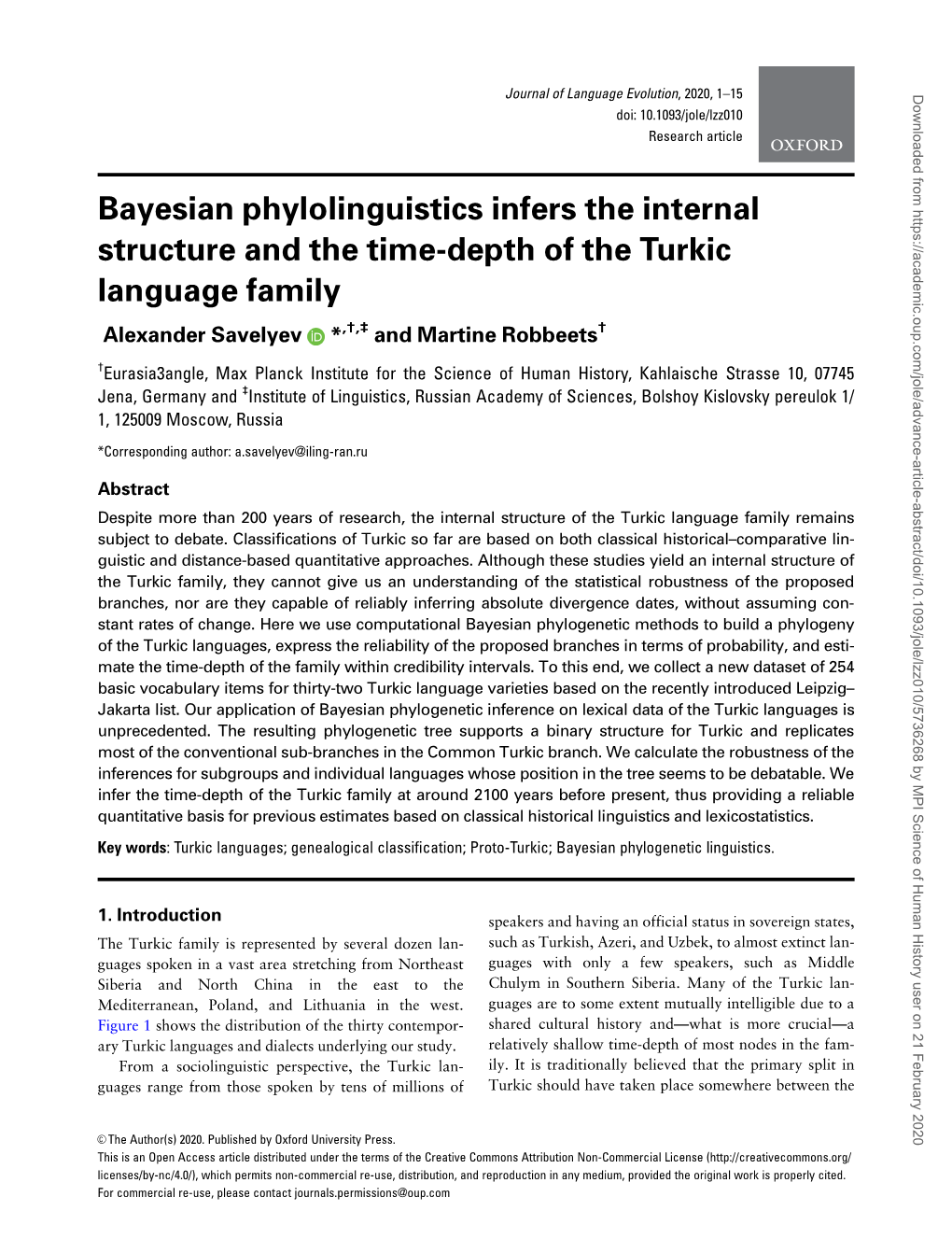 Bayesian Phylolinguistics Infers the Internal Structure and the Time-Depth of the Turkic Language Family Alexander Savelyev *,†,‡ and Martine Robbeets†