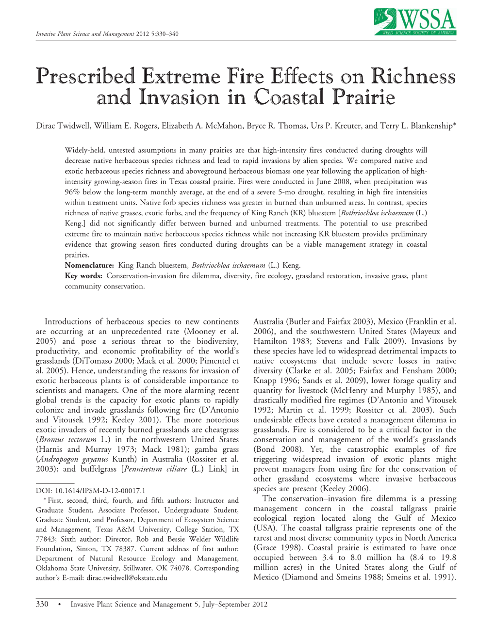 Prescribed Extreme Fire Effects on Richness and Invasion in Coastal Prairie