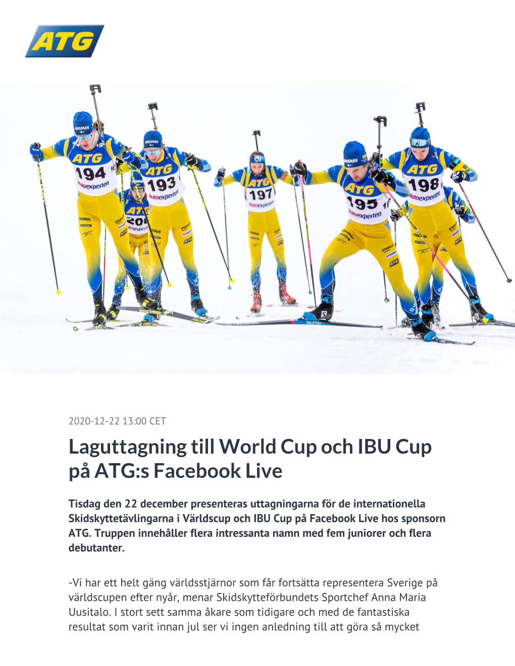 Laguttagning Till World Cup Och IBU Cup På ATG:S Facebook Live