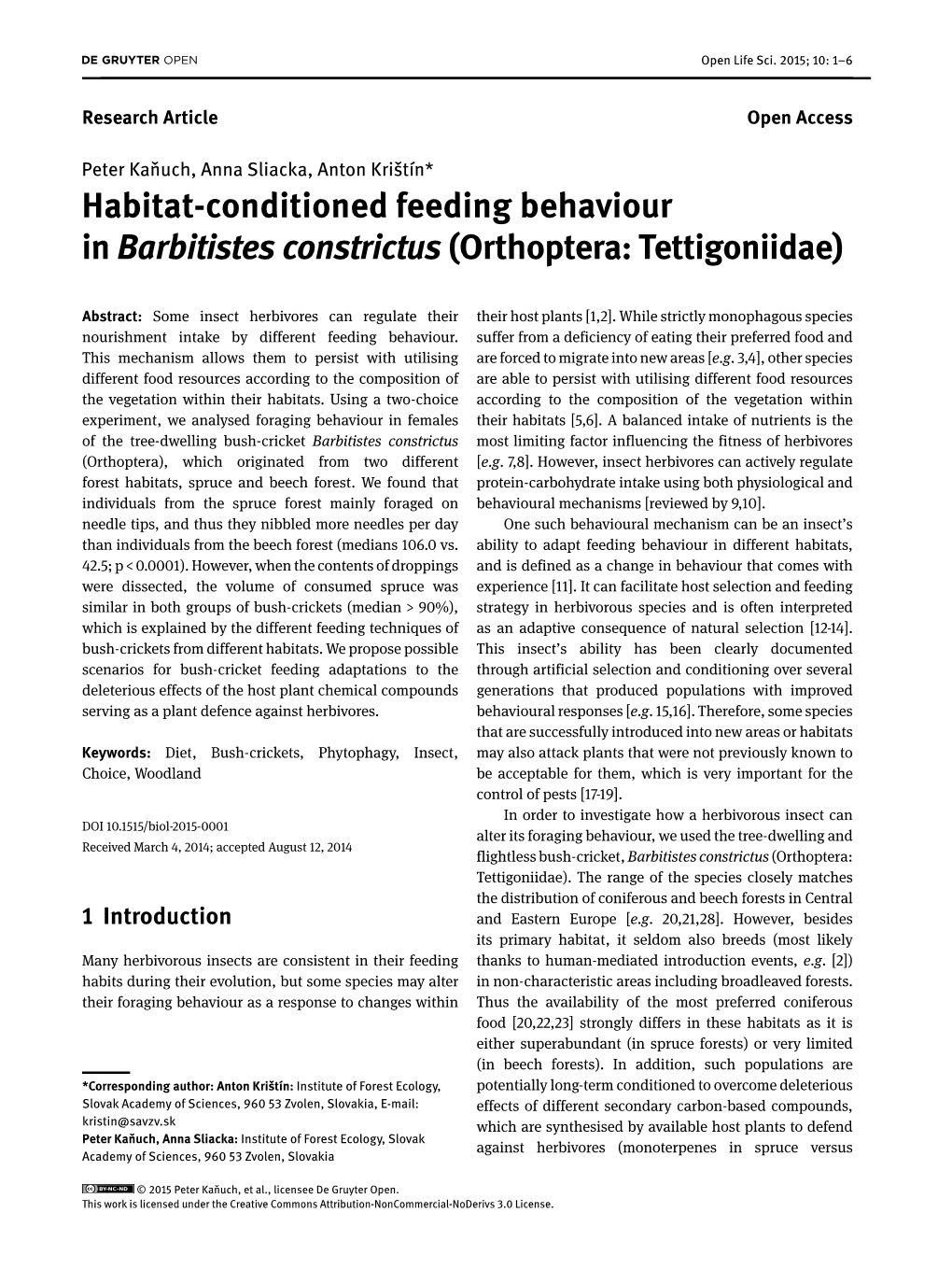 Habitat-Conditioned Feeding Behaviour in Barbitistes Constrictus(Orthoptera: Tettigoniidae)