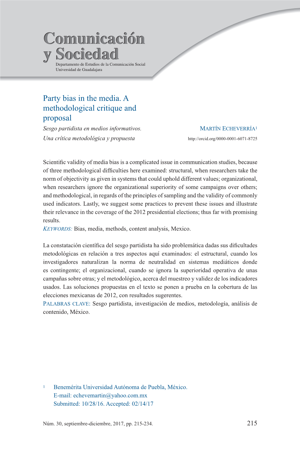 Party Bias in the Media. a Methodological Critique and Proposal Sesgo Partidista En Medios Informativos
