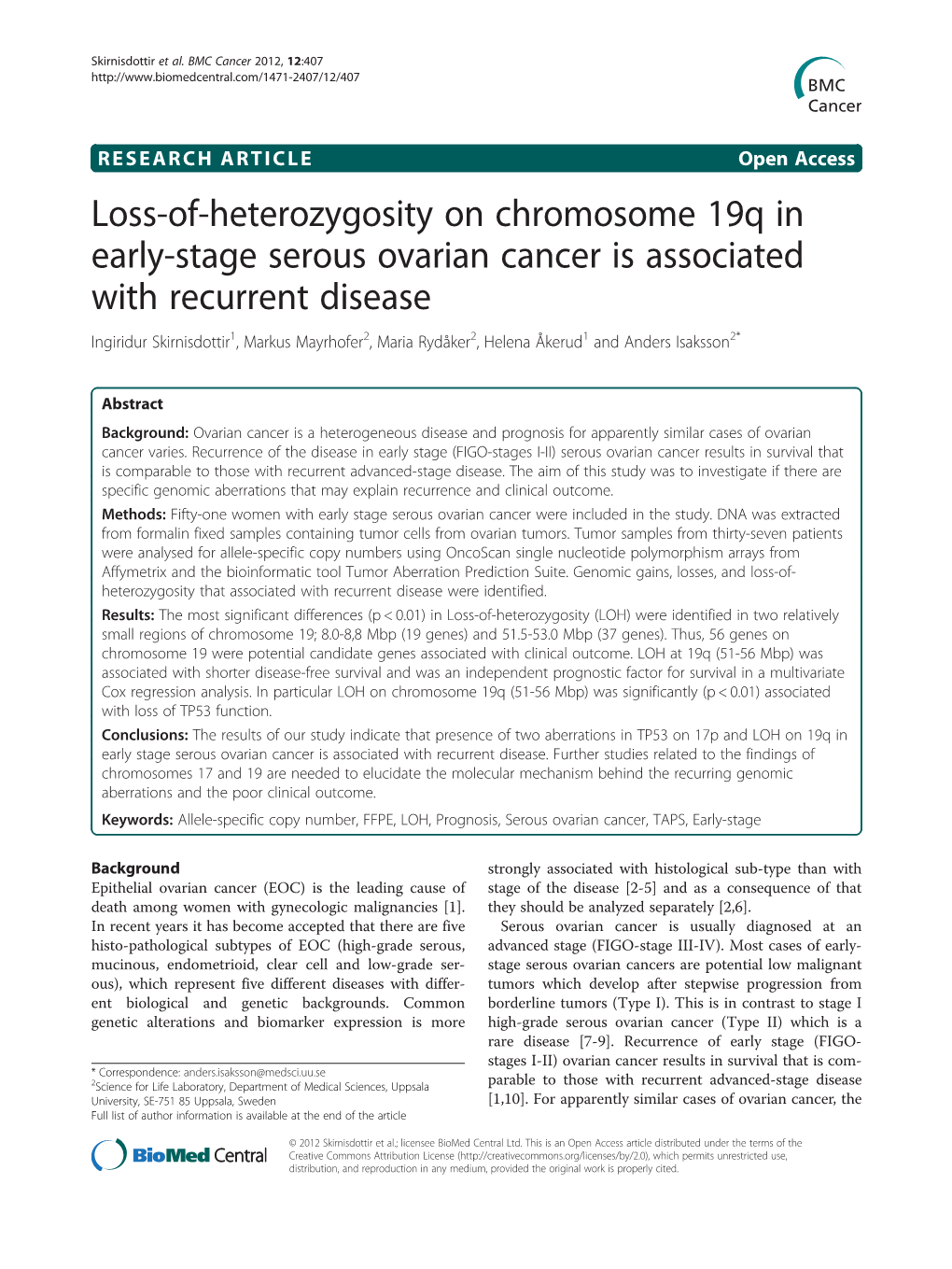 Loss-Of-Heterozygosity on Chromosome 19Q in Early-Stage Serous Ovarian Cancer Is Associated with Recurrent Disease