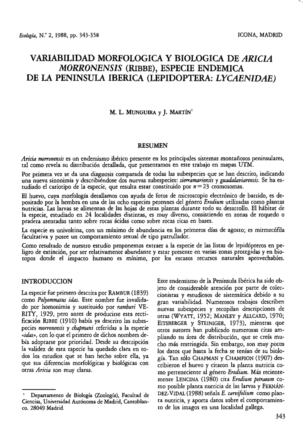 Variabilidad Morfológica Y Biológica De Aricia Morronensis (Ribbe)