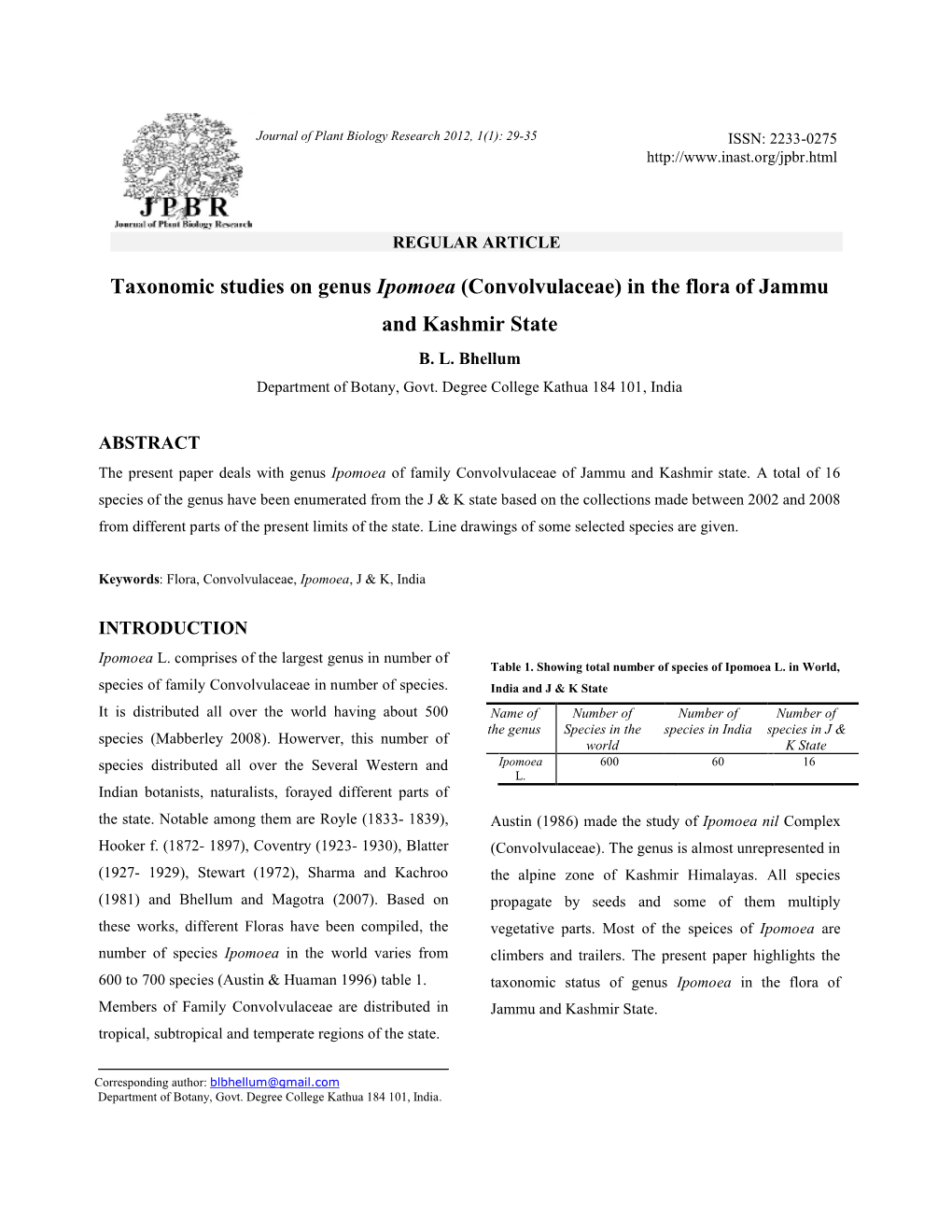Taxonomic Studies on Genus Ipomoea (Convolvulaceae) in the Flora of Jammu and Kashmir State B