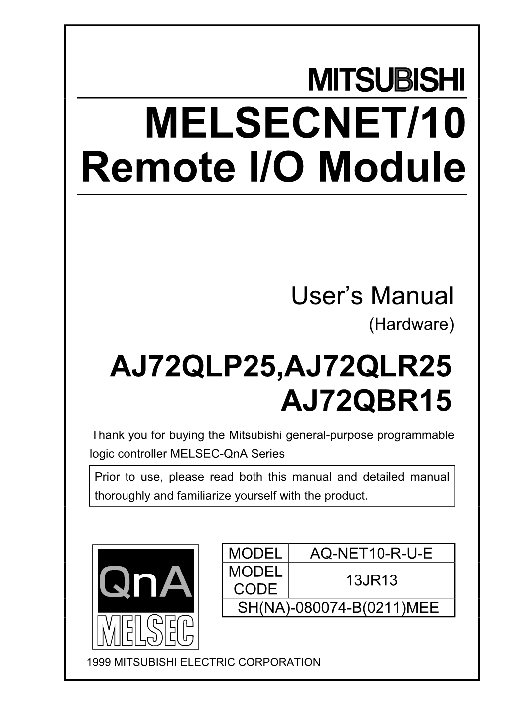 MELSECNET/10 Remote I/O Module User's Manual(Hardware)