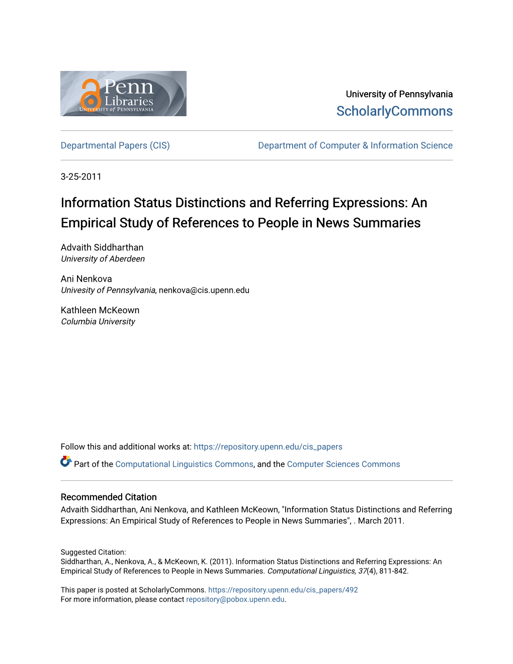 Information Status Distinctions and Referring Expressions: an Empirical Study of References to People in News Summaries